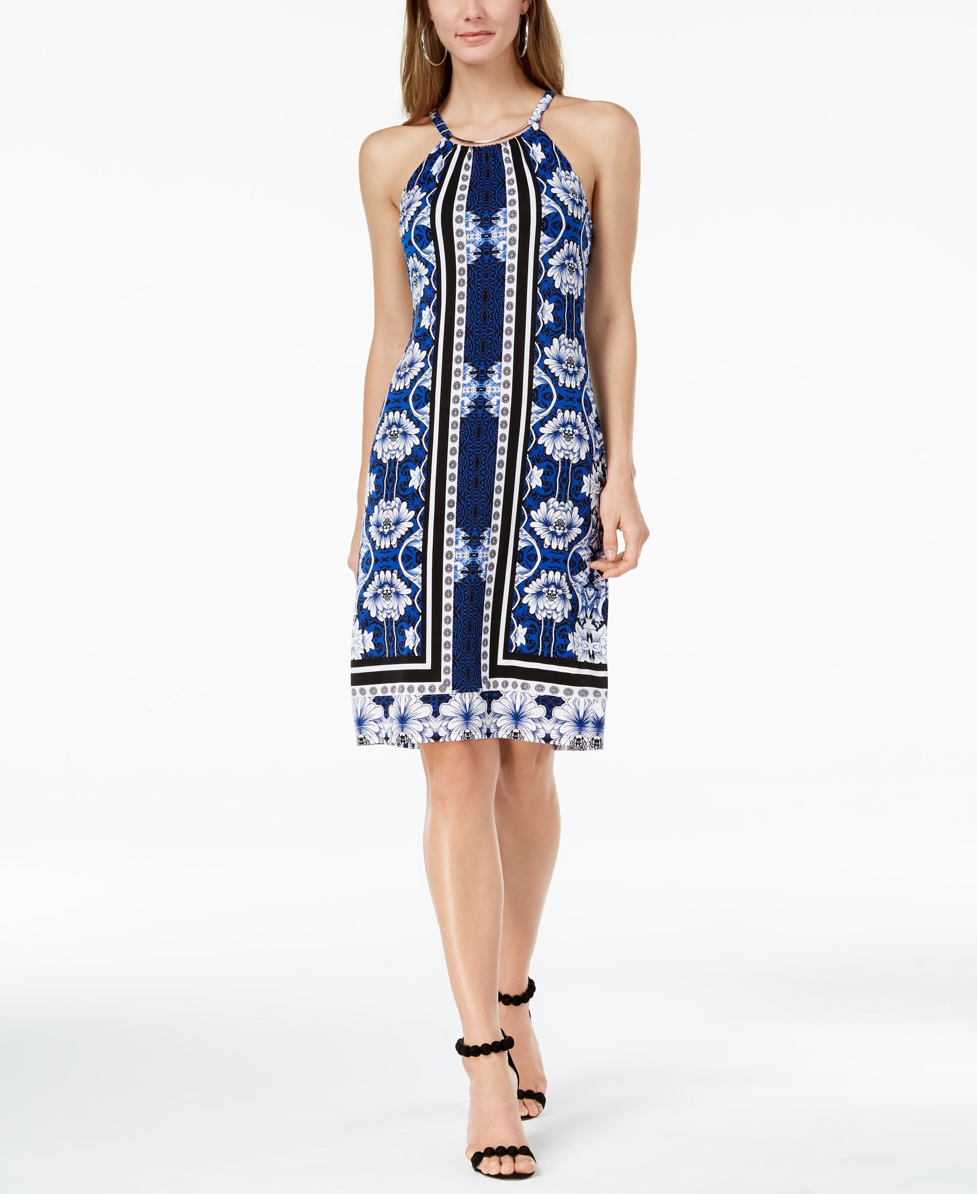 Printed Hardware Neck Halter Dress