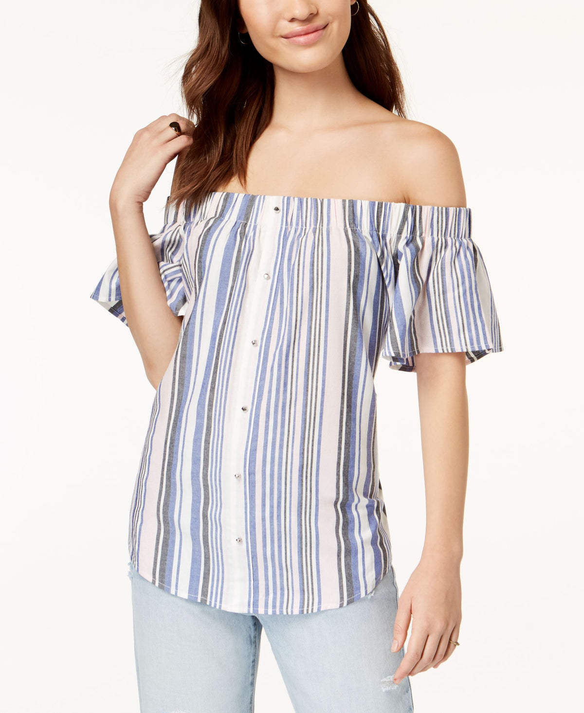 Juniors' Striped Off-The-Shoulder Top