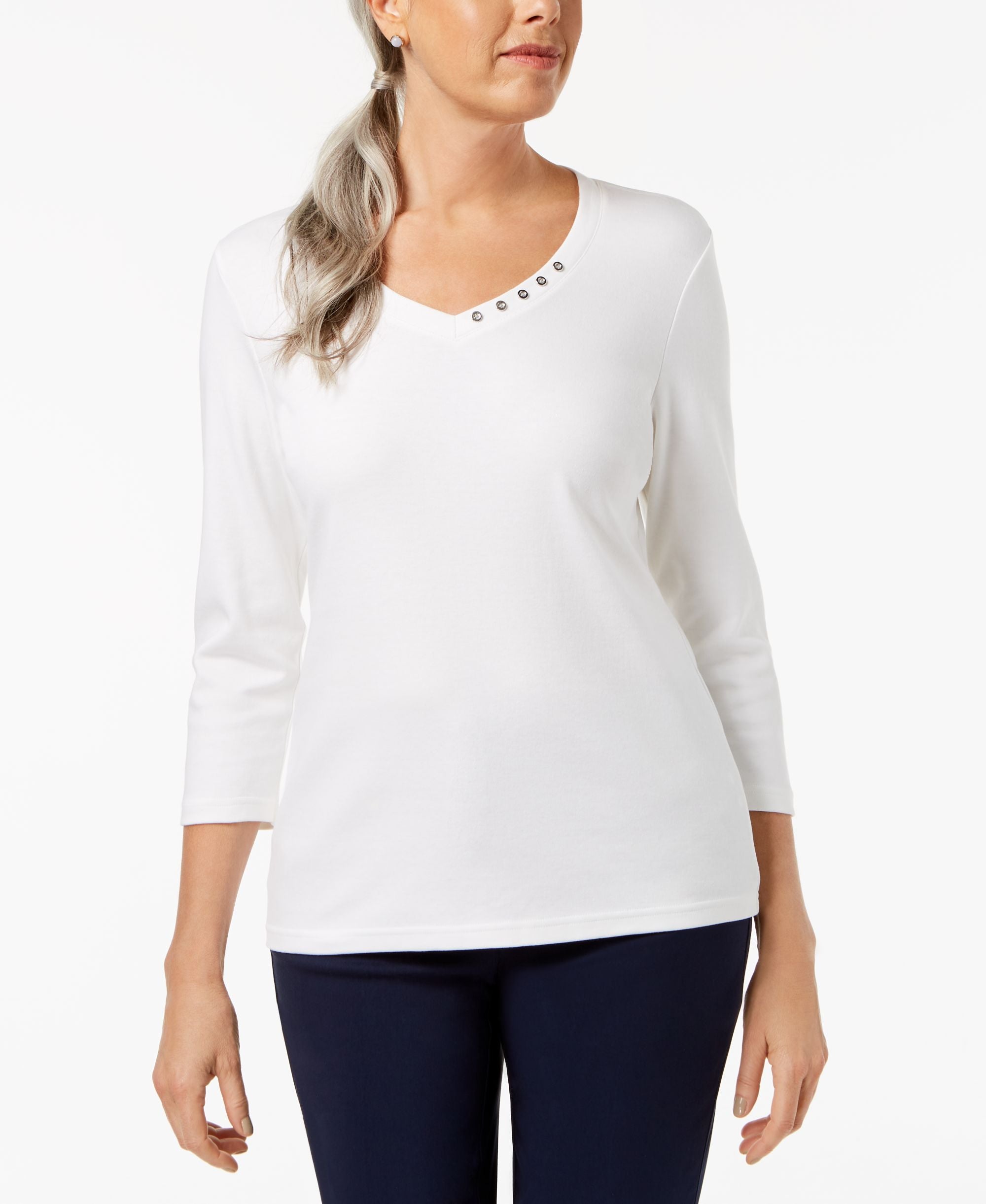 Karen Scott Cotton V Neck Button Top