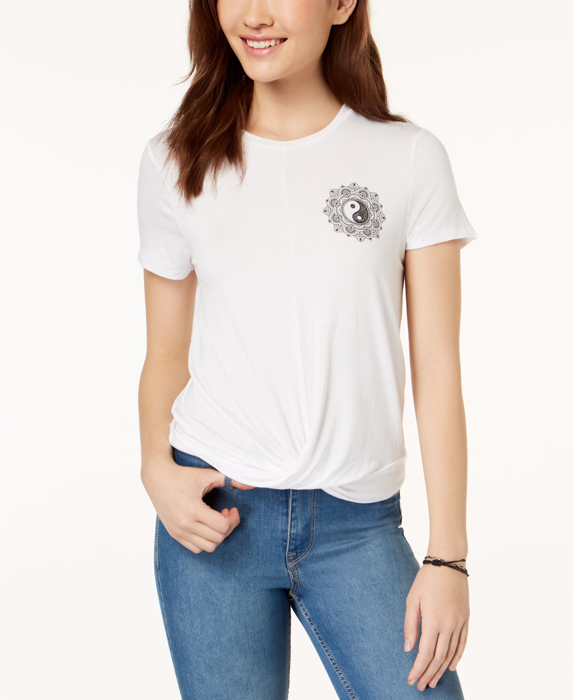 Juniors' Magic Knot-Front Graphic T-Shirt