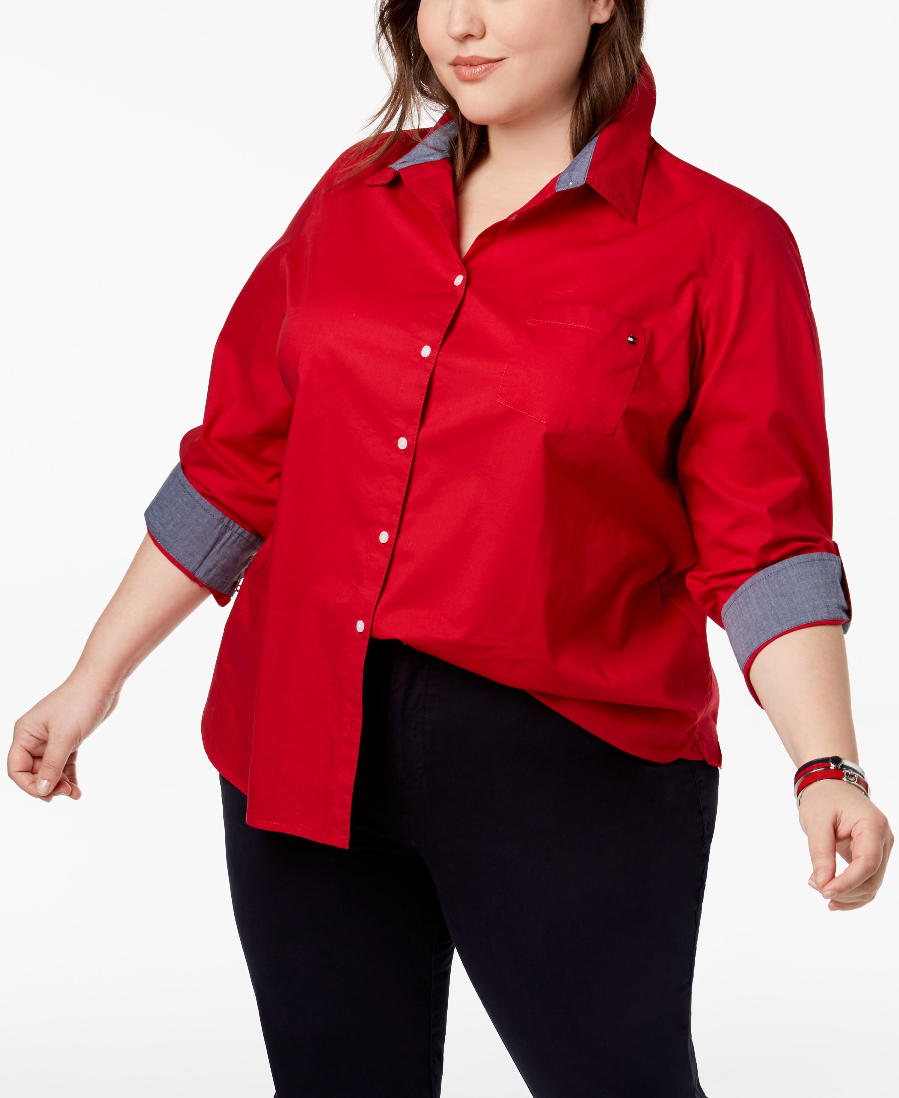 Plus Size Cotton Roll-Tab Shirt