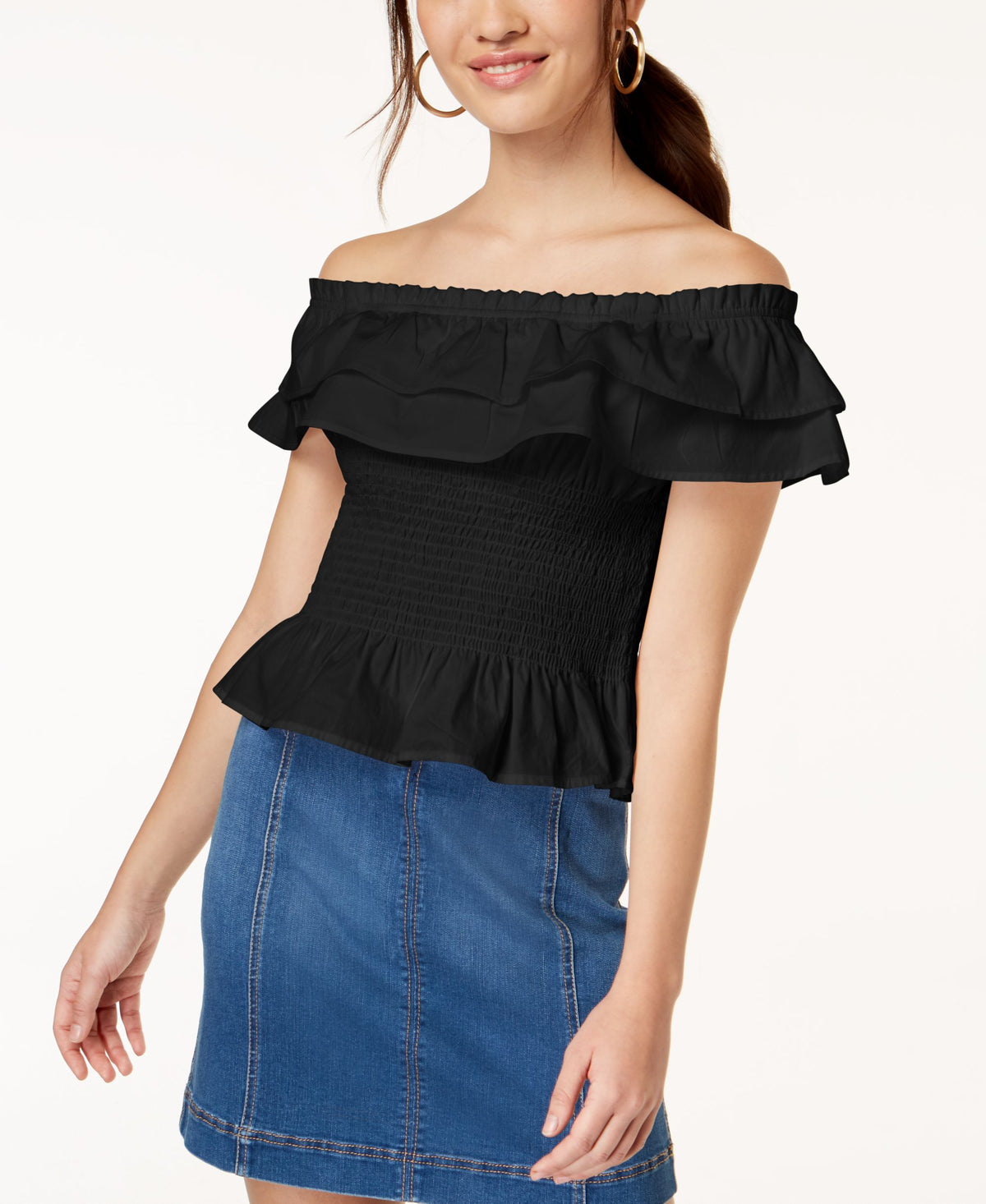 Juniors' Cotton Off-The-Shoulder Smocked Top