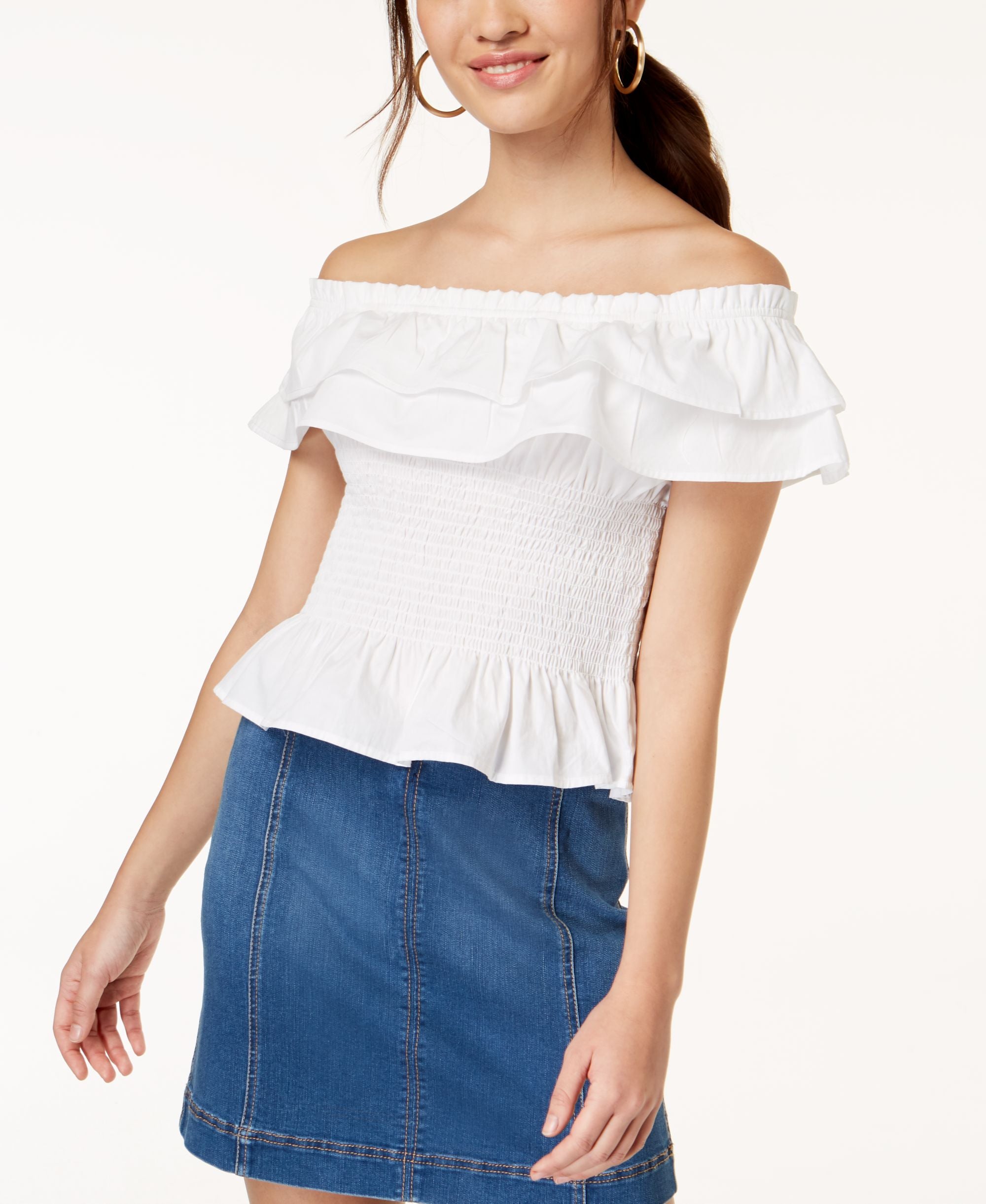 Juniors' Cotton Off-The-Shoulder Smocked Top