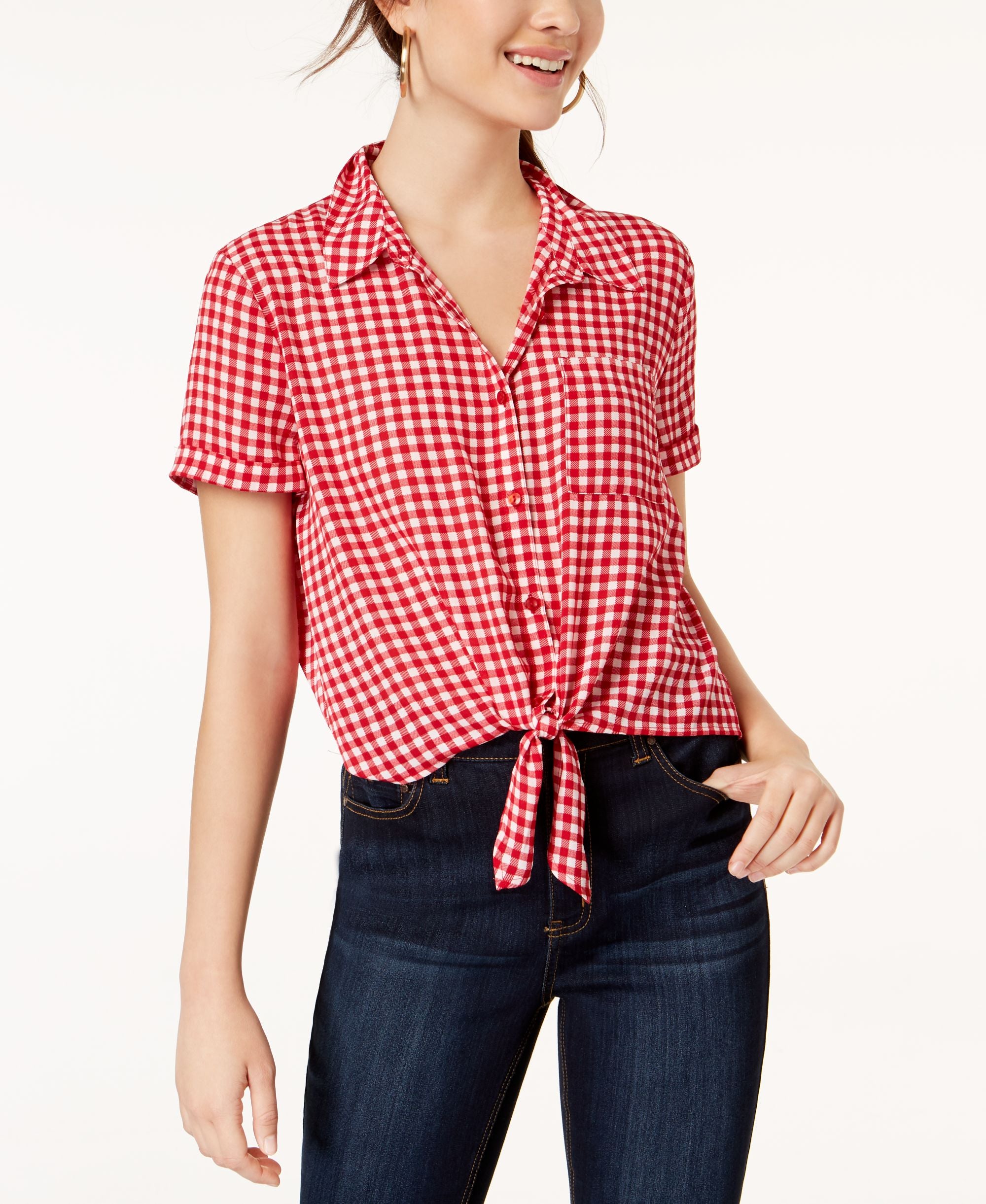 Hippie Rose Juniors Gingham Tie Front Camp Shirt