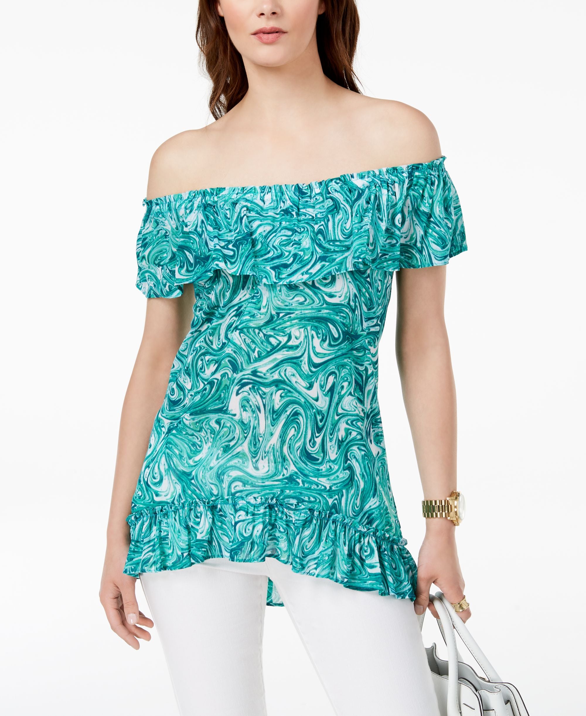 Michael Michael Kors Marbled Print Off The Shoulder Top