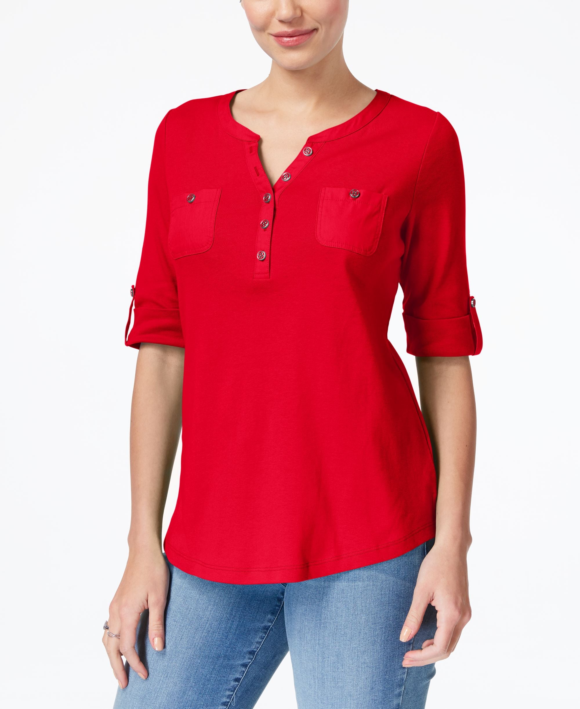 Karen Scott Cotton Roll Tab Sleeve Henley