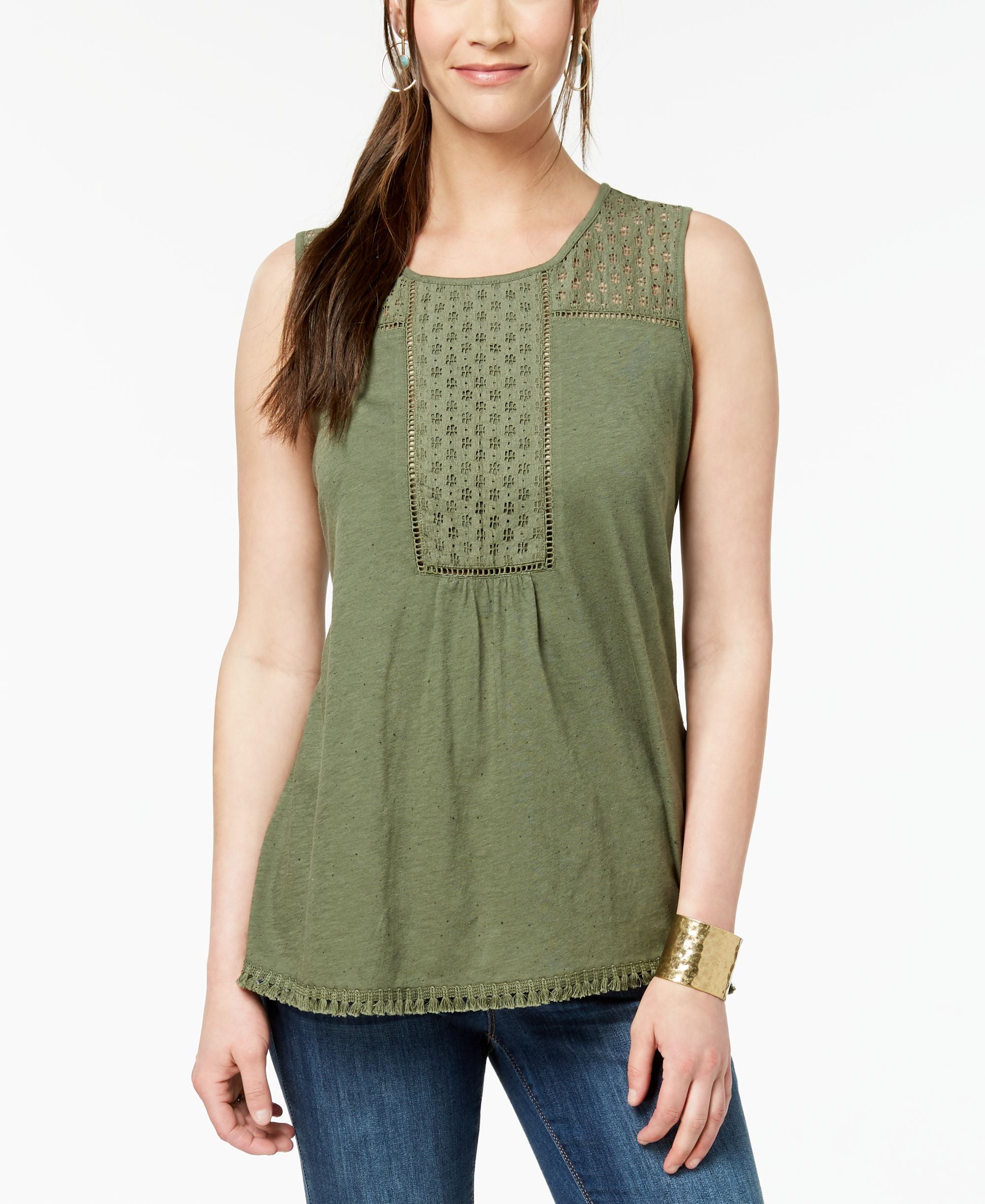 Style & Co Petite Eyelet Trim Peplum Top
