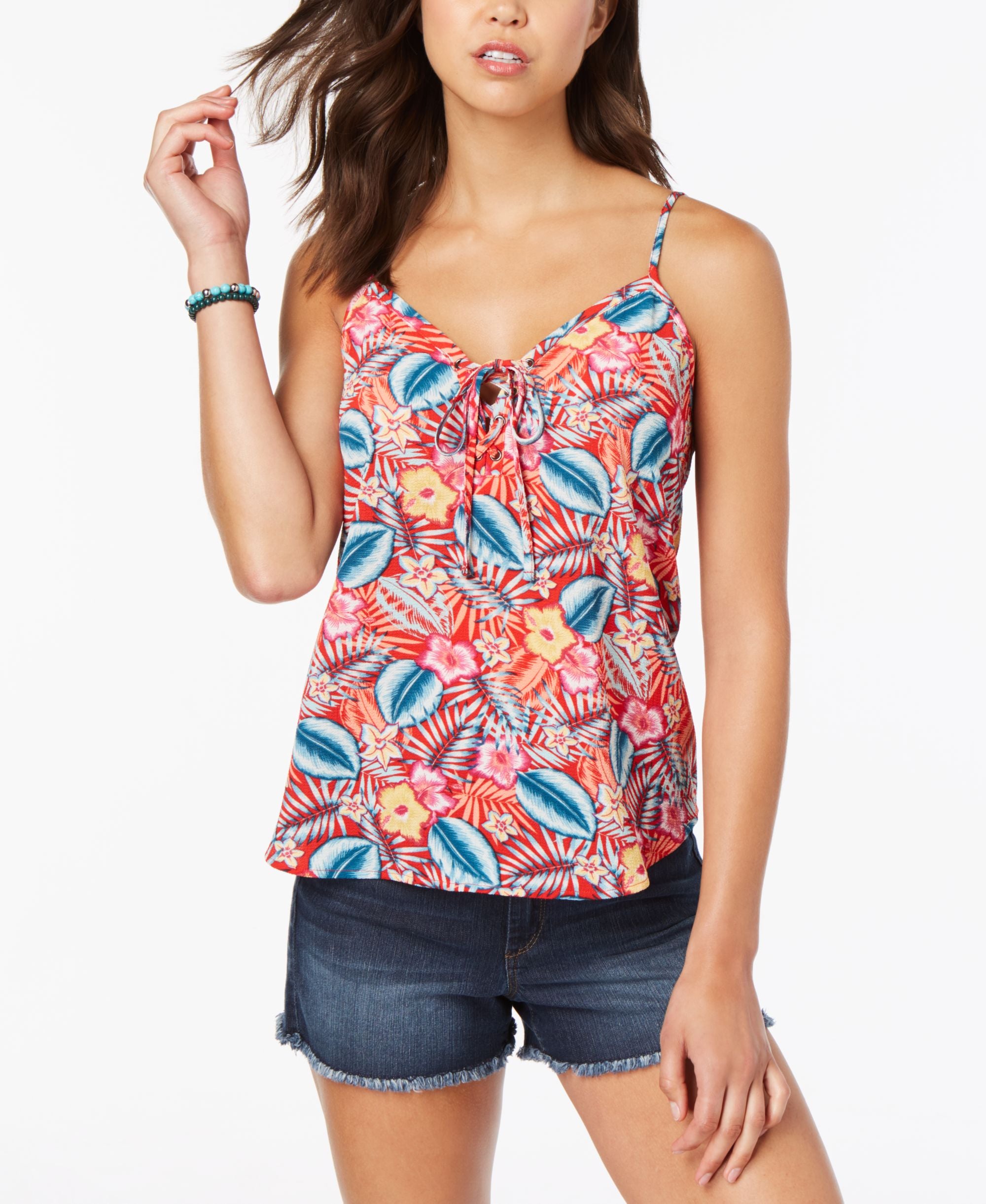 Juniors' Printed Lace-Up Tank Top