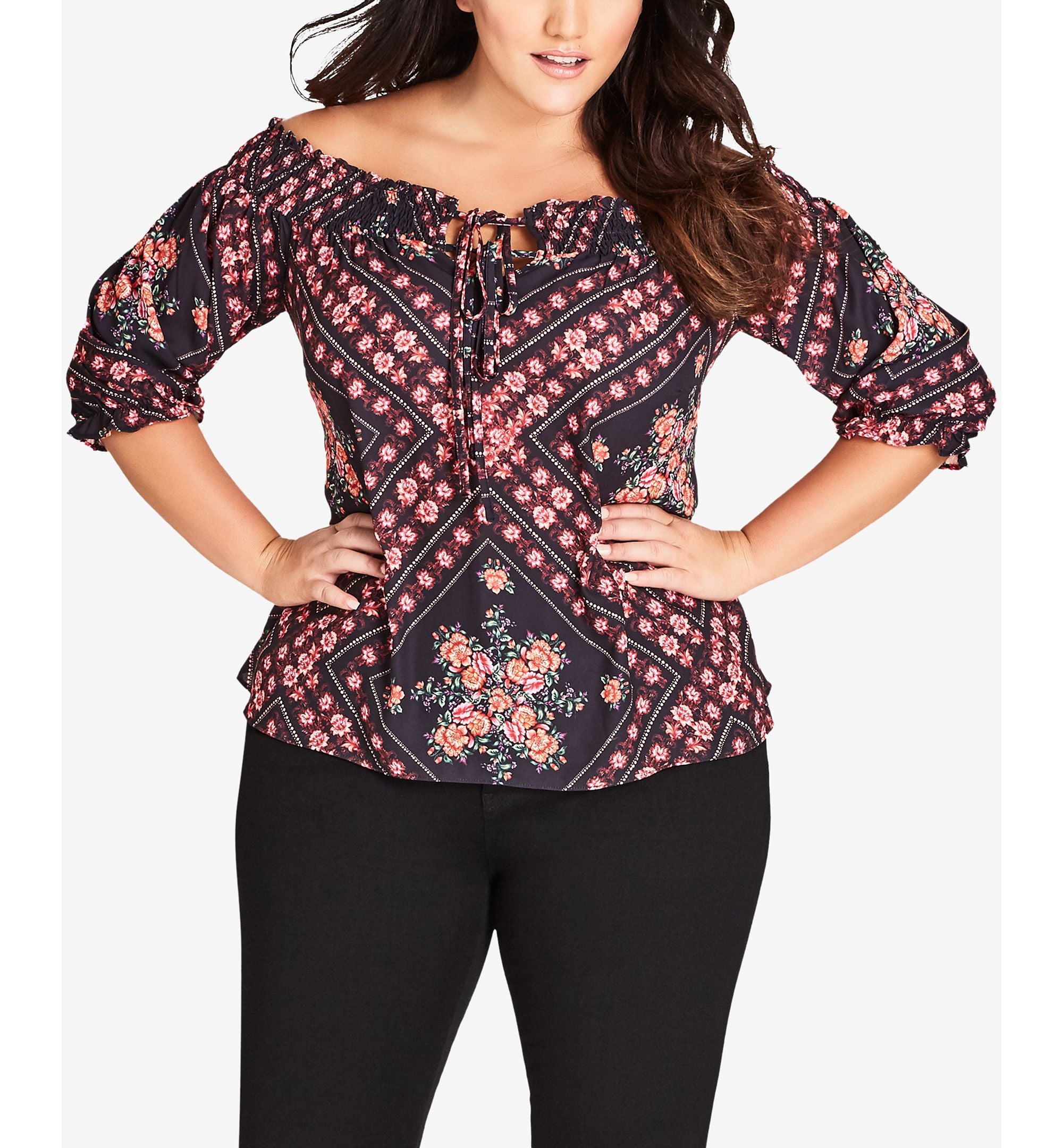 City Chic Trendy Plus Size Road Trip Printed Off The Shoulder Top