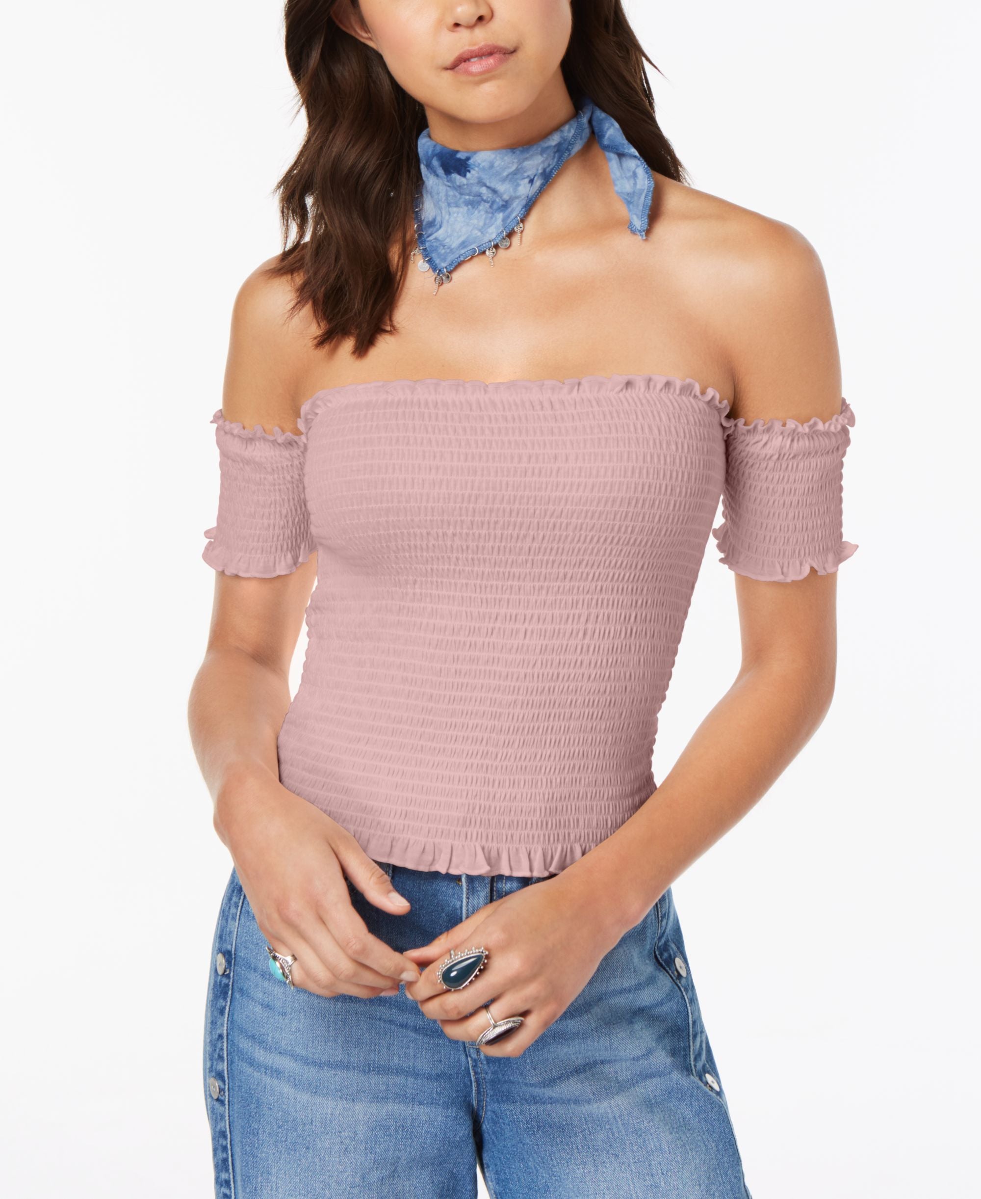 Juniors' Smocked Off-The-Shoulder Crop Top