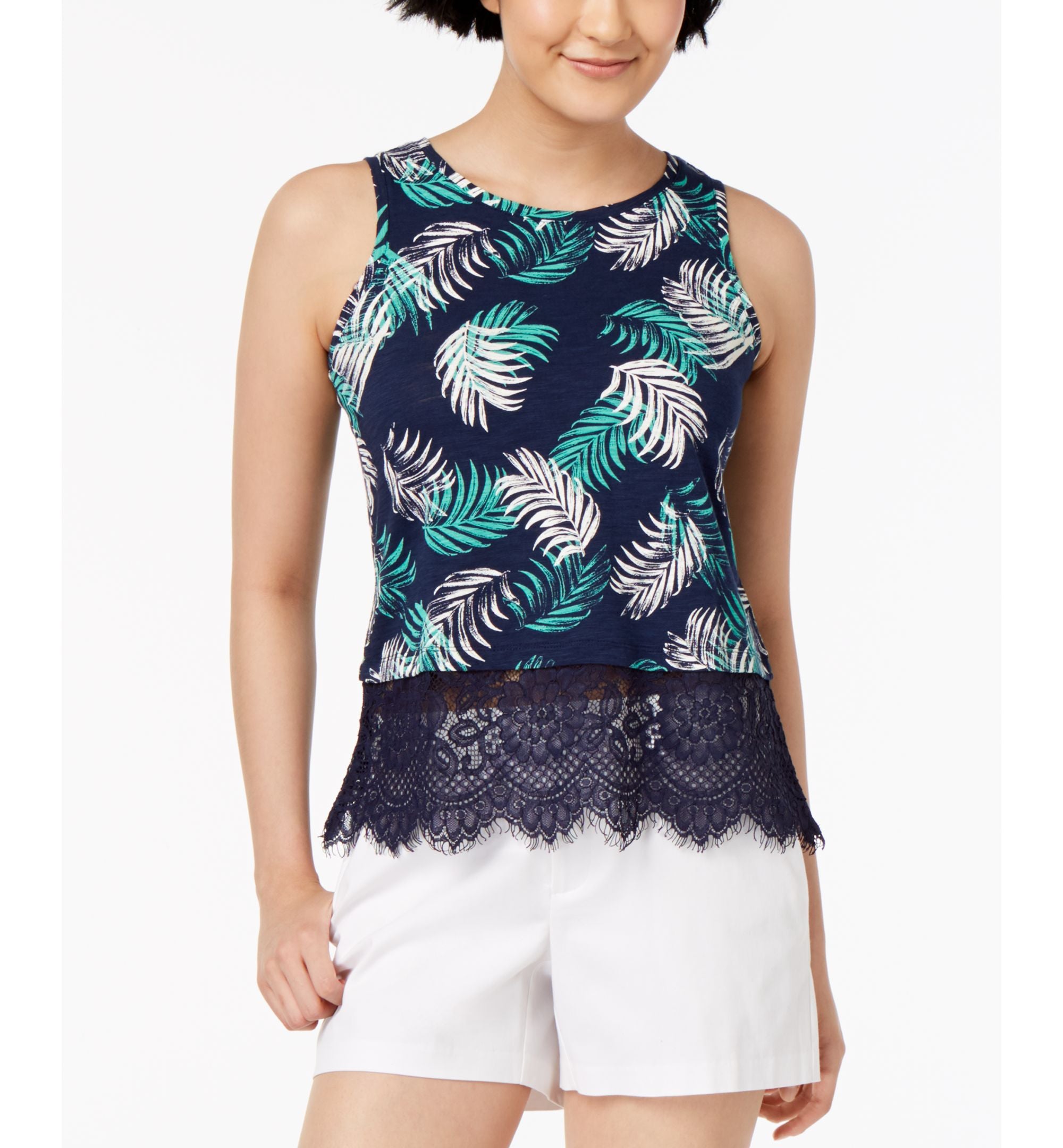 Maison Jules Printed Lace Trim Tank Top