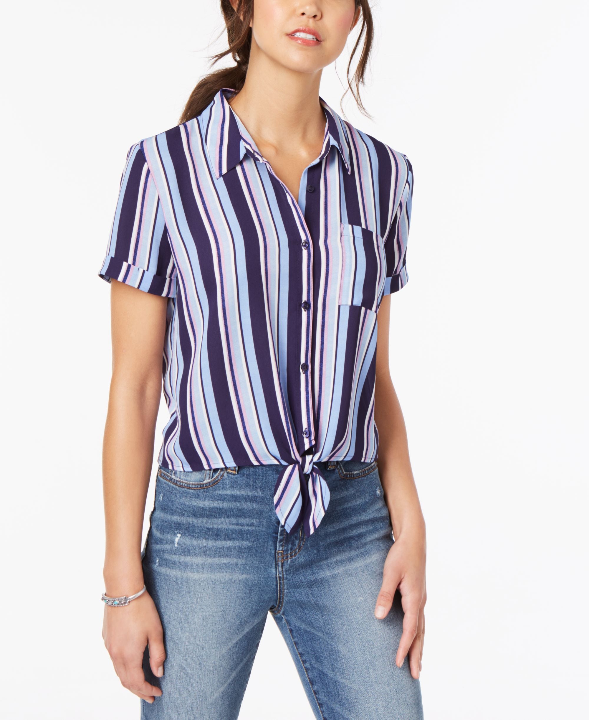 Hippie Rose Juniors Striped Tie Front Camp Shirt