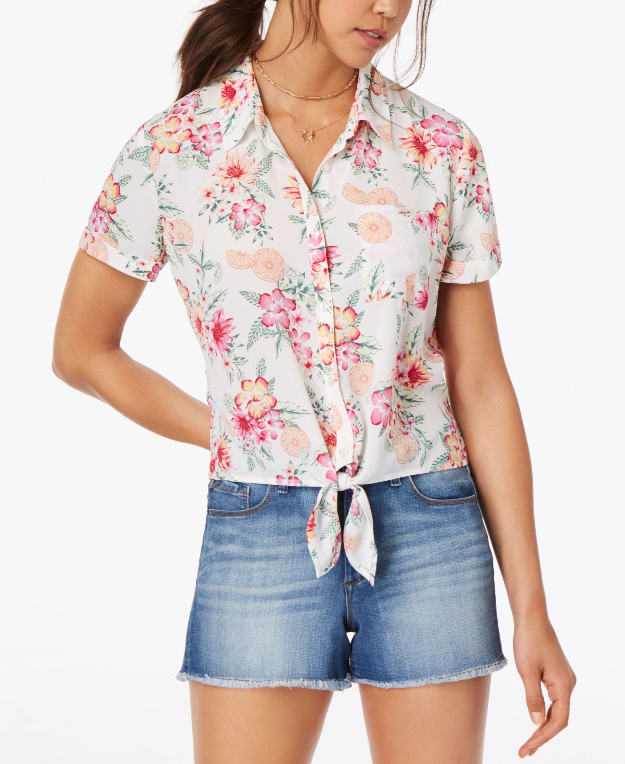 Hippie Rose Juniors Printed Tie Front Camp Shirt