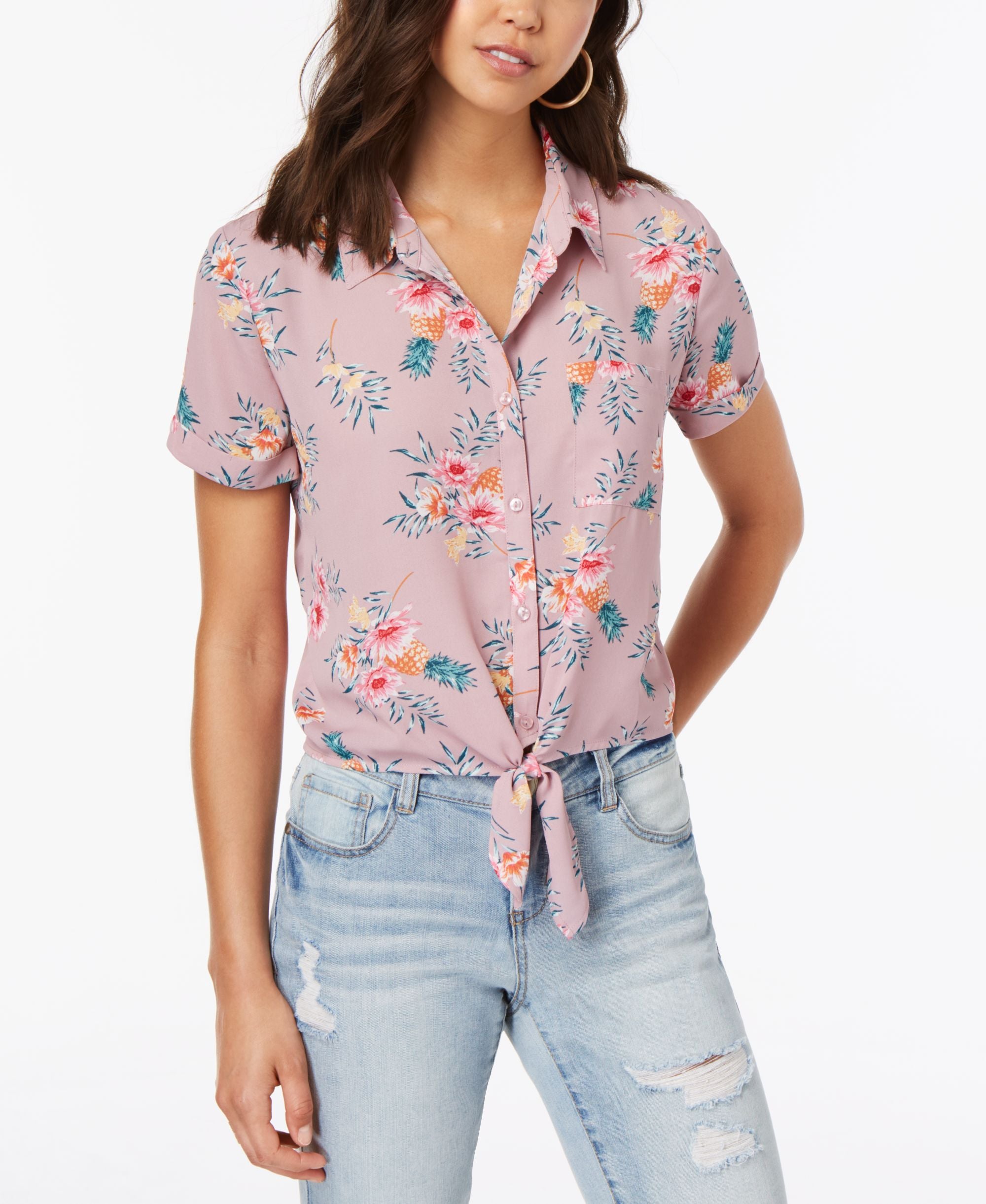 Hippie Rose Juniors Printed Tie Front Camp Shirt
