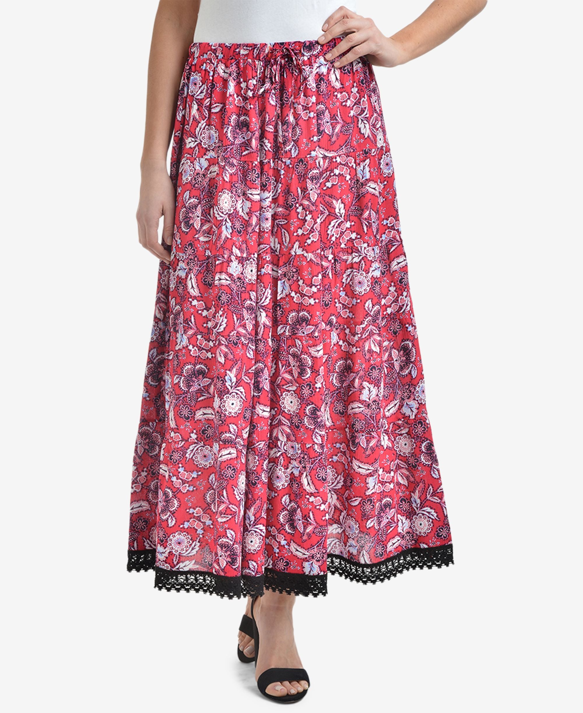 NY Collection Printed Tiered Crochet Trim Midi Skirt