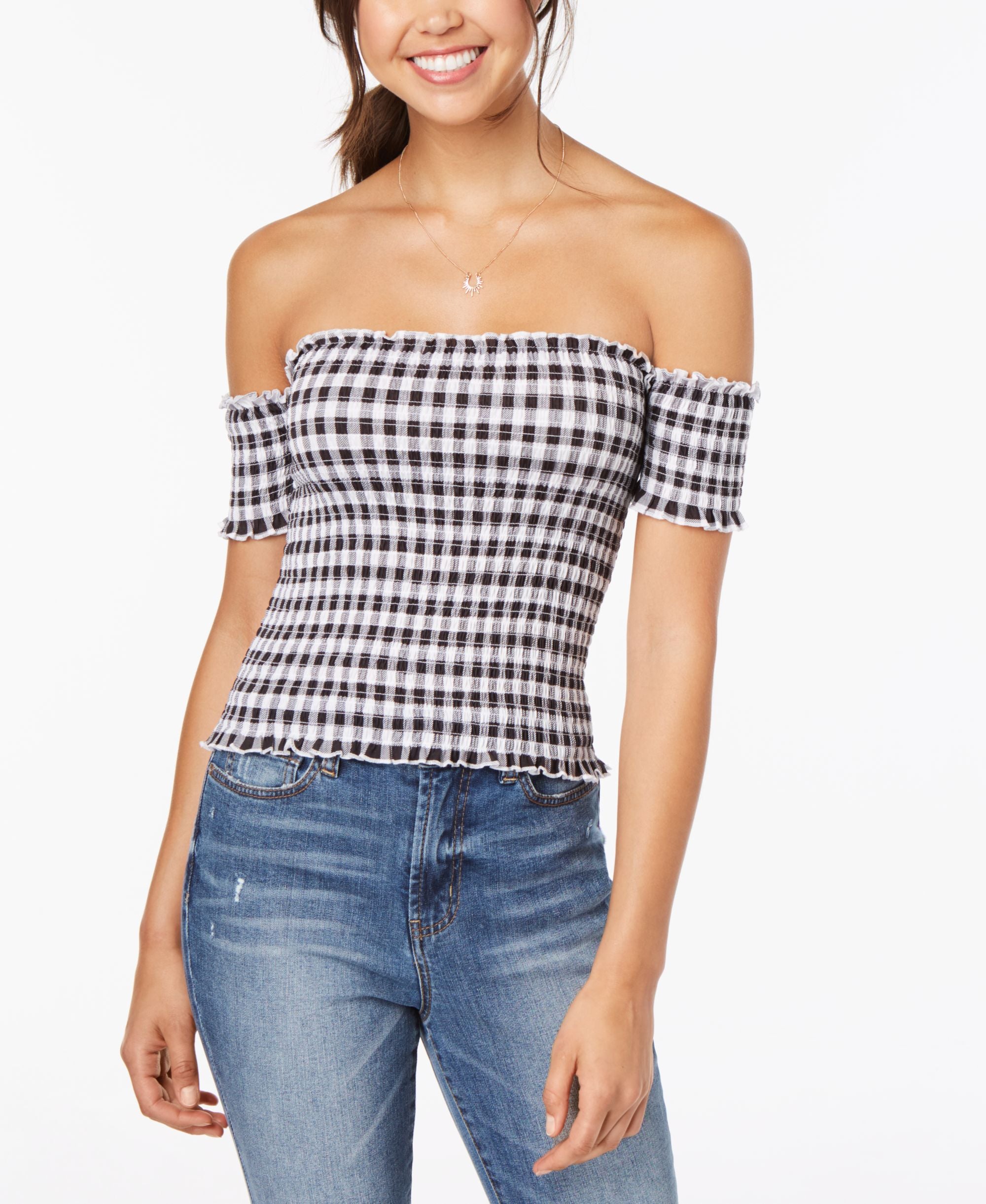 Juniors' Printed Smocked Off-The-Shoulder Crop Top