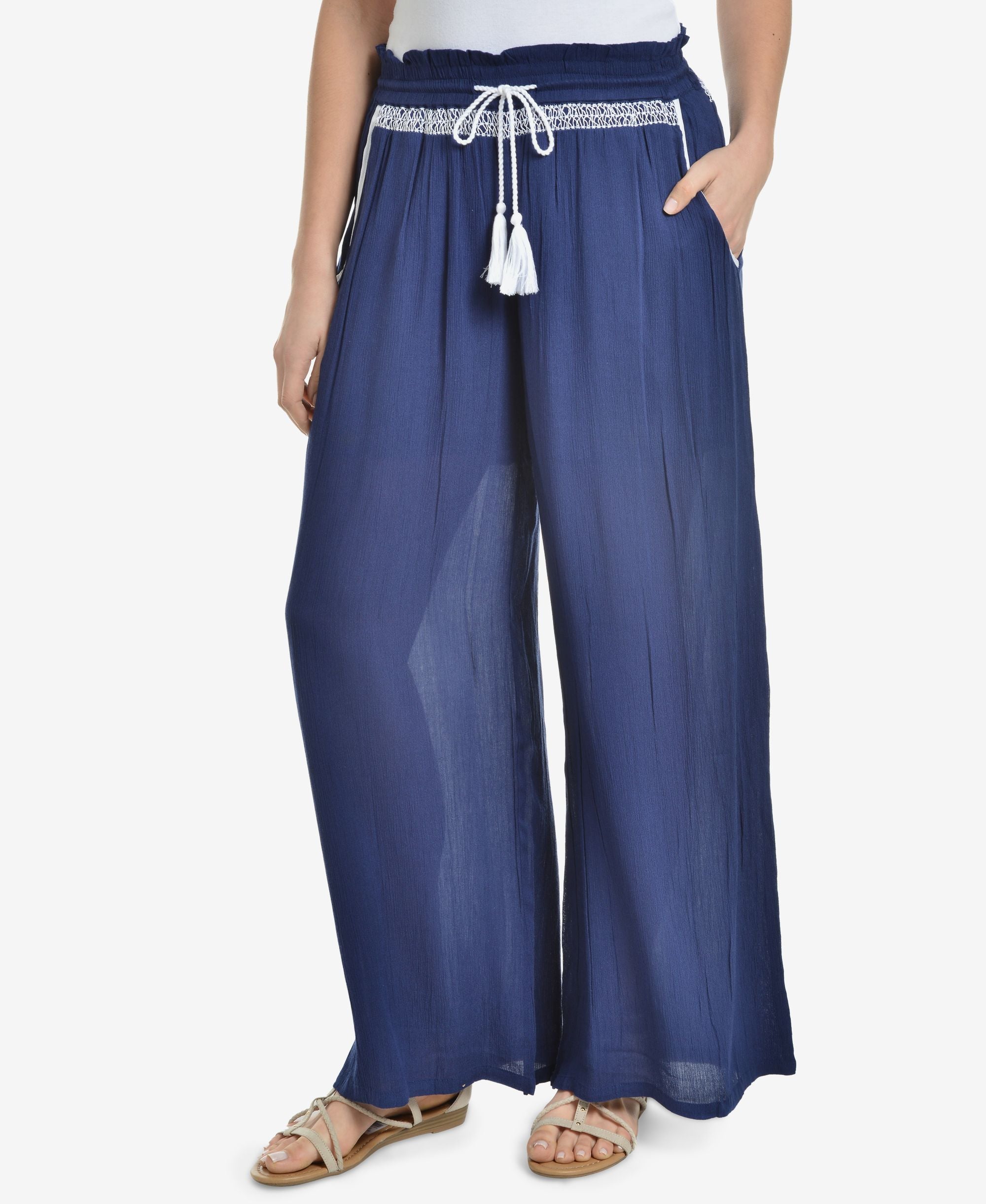 NY Collection Embroidered Tassel Tie Palazzo Pants