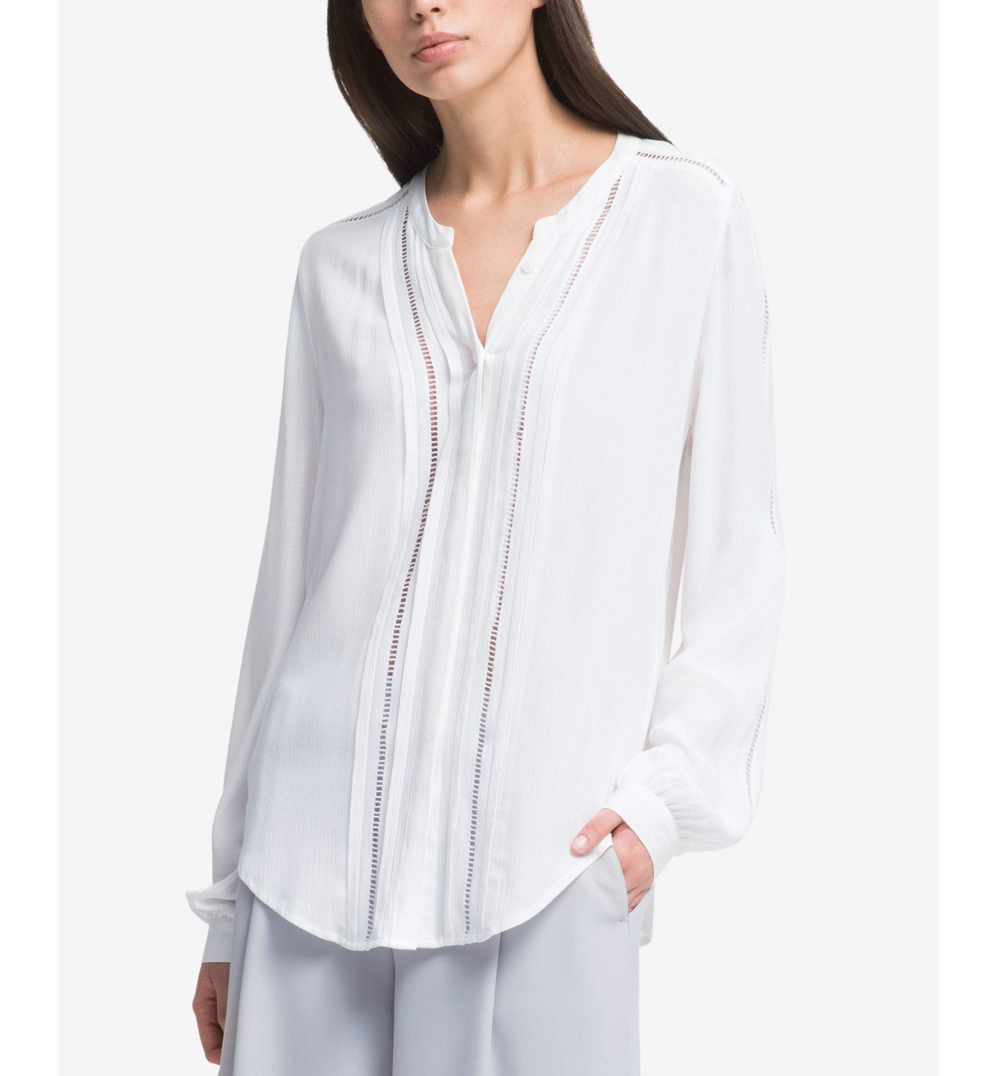 DKNY Long Sleeve Crochet Trim Shirt