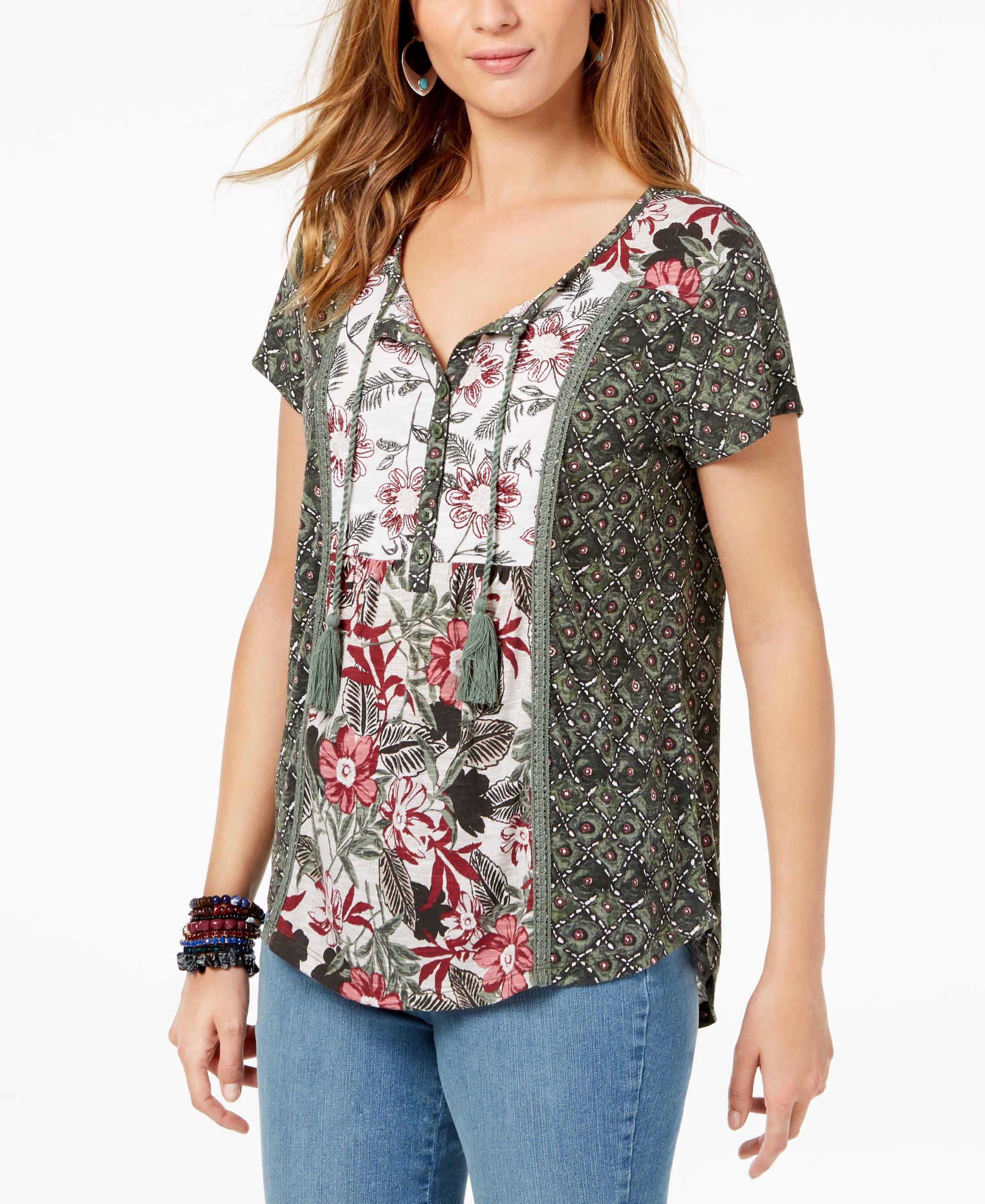 Style & Co Petite Mixed Print Peasant Top