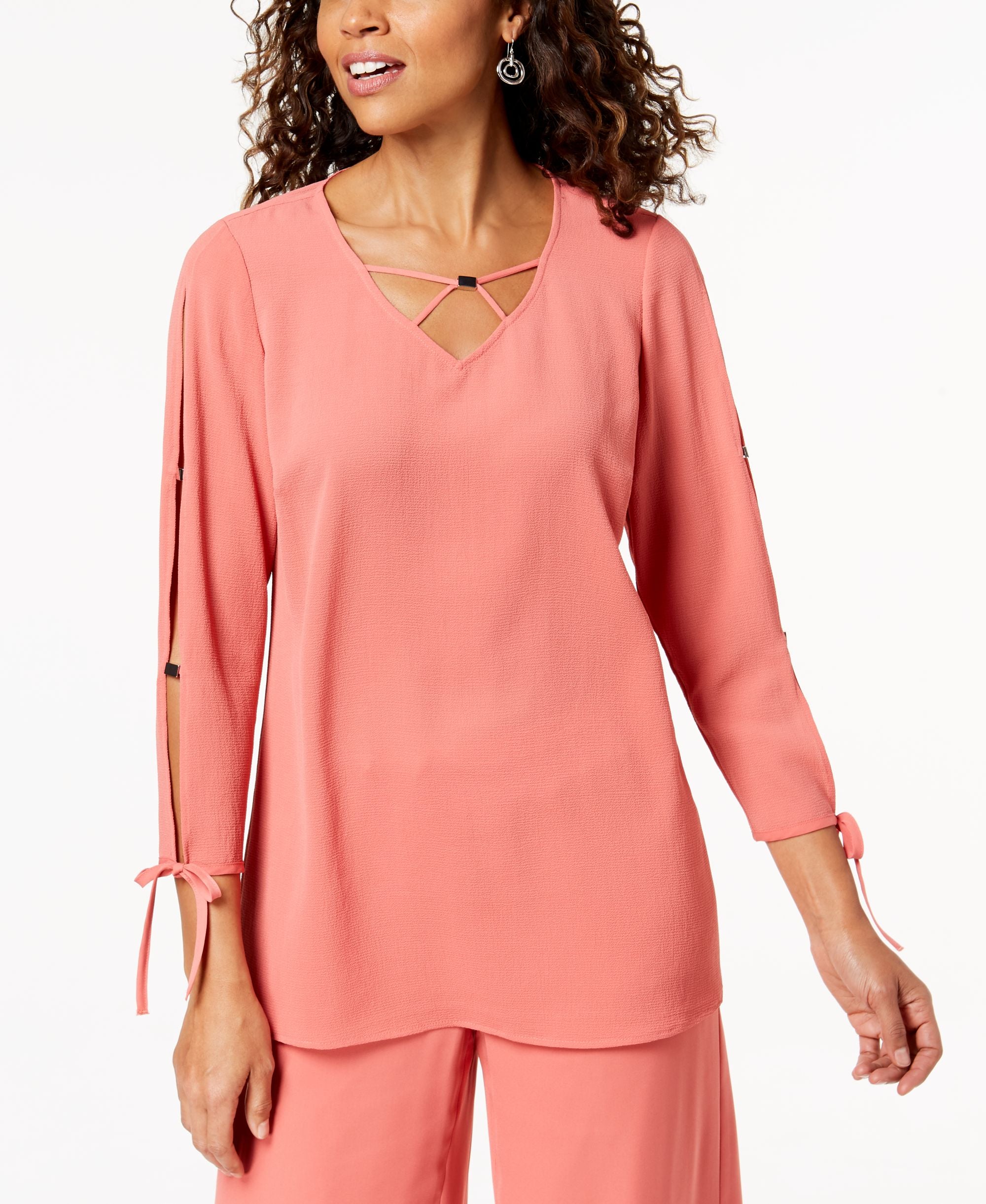 JM Collection Split Sleeve Lattice Neck Top