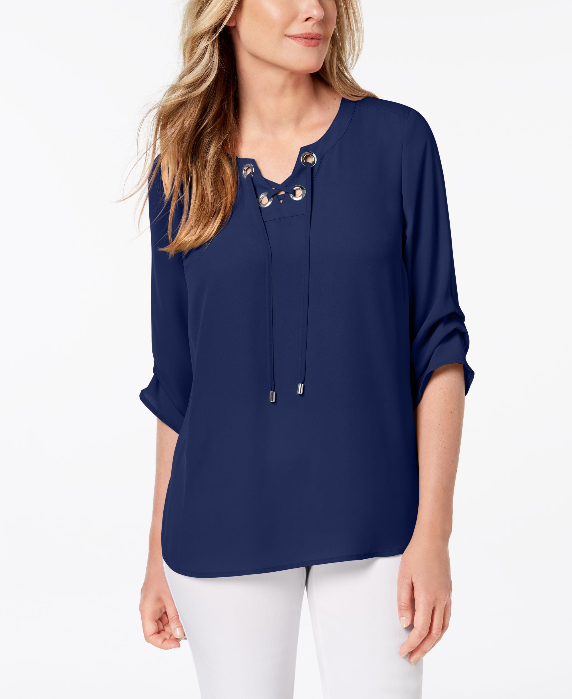 JM Collection Lace Up Tiered Sleeve Top