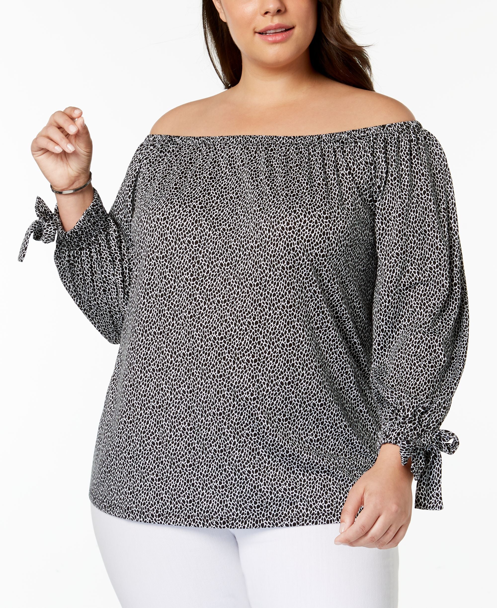 Michael Michael Kors Plus Size Leopard-Print Off-The-Shoulder Top (White Black, 2X)