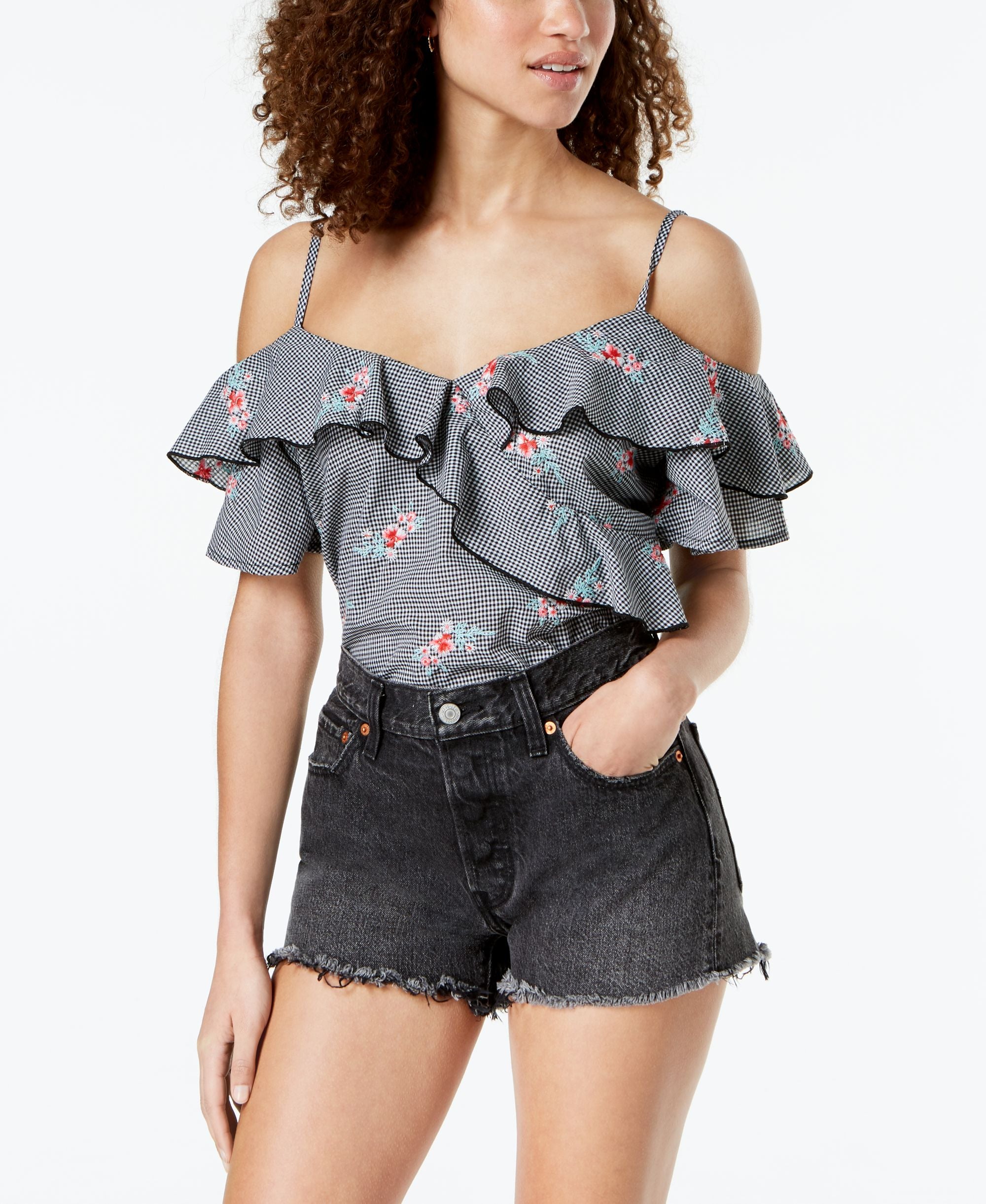 Juniors' Ruffled Gingham Off-The-Shoulder Blouse