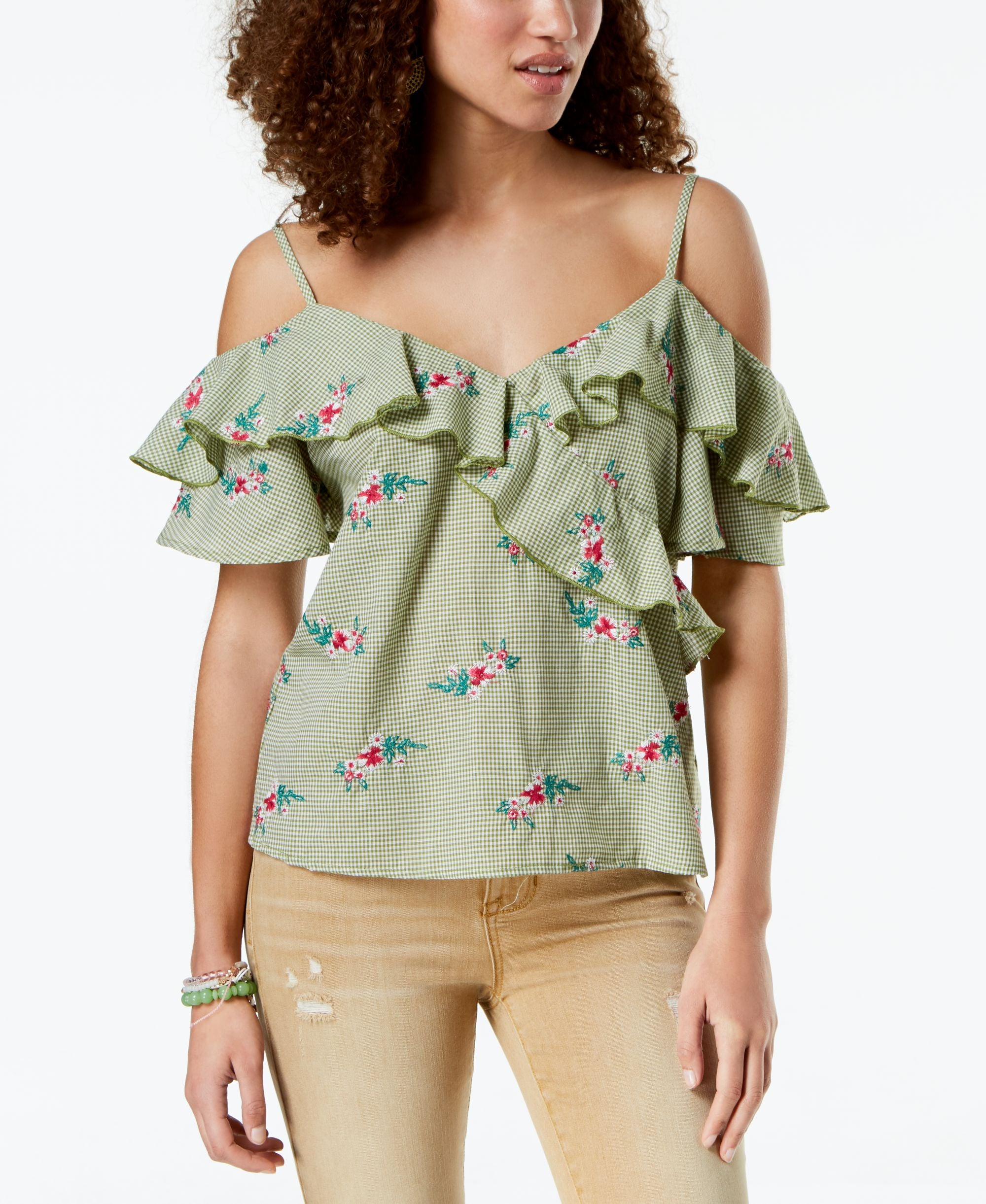 Juniors' Ruffled Gingham Off-The-Shoulder Blouse
