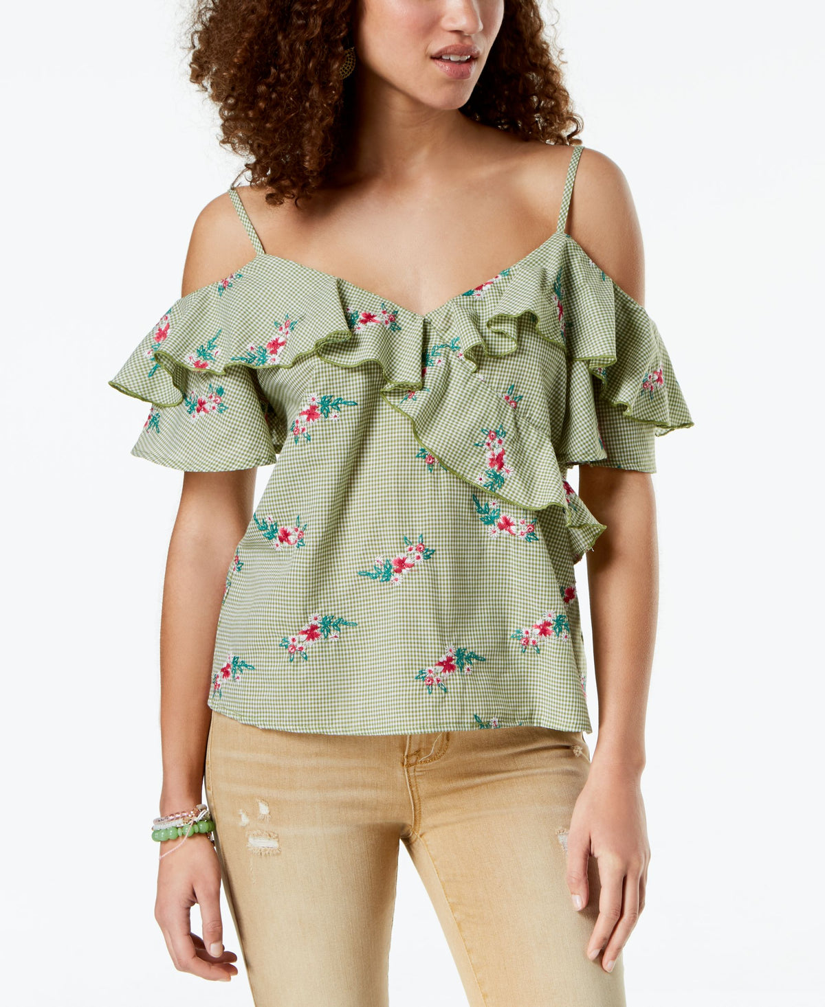 Juniors' Ruffled Gingham Off-The-Shoulder Blouse