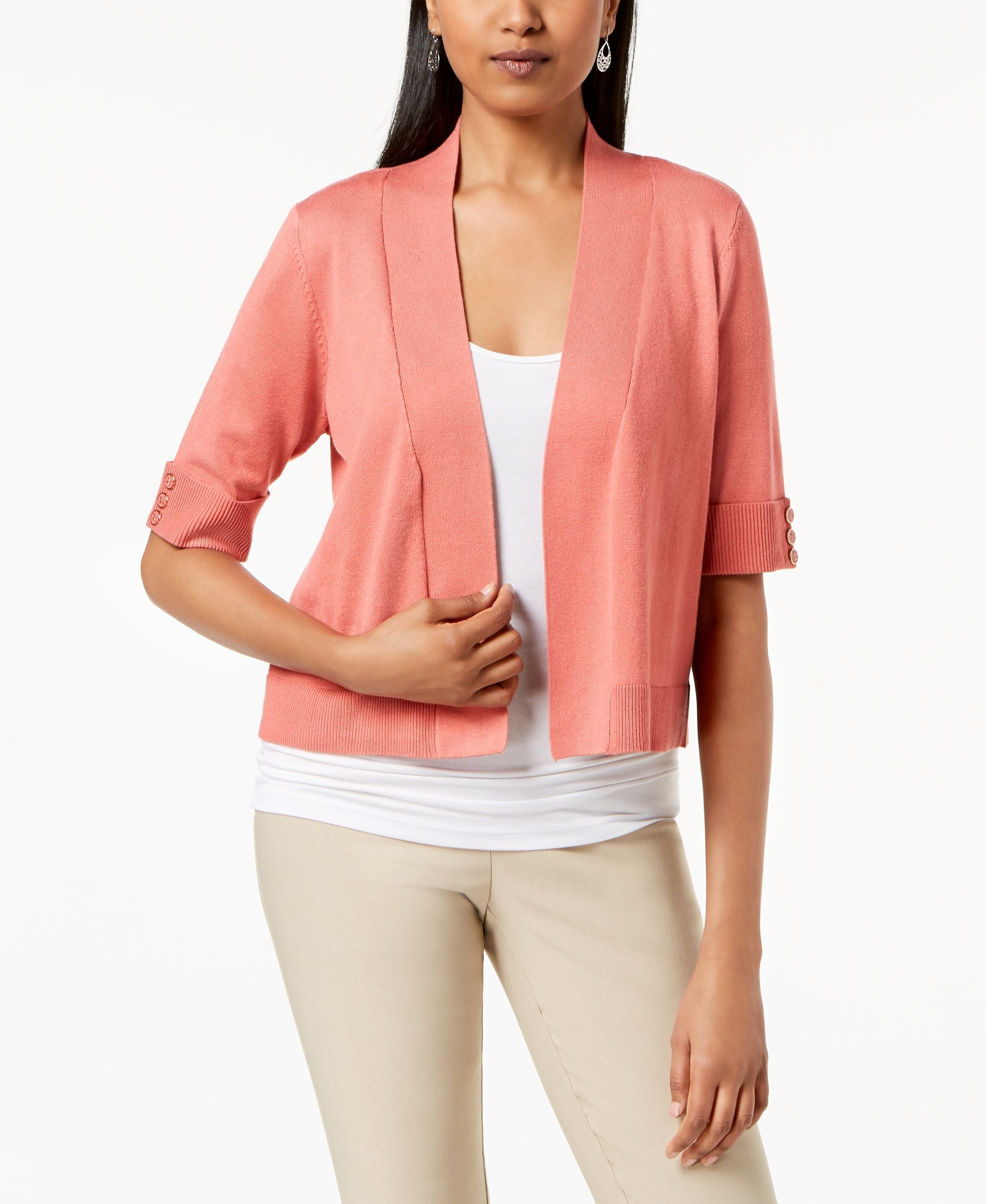 Open-Front Button-Sleeve Cardigan
