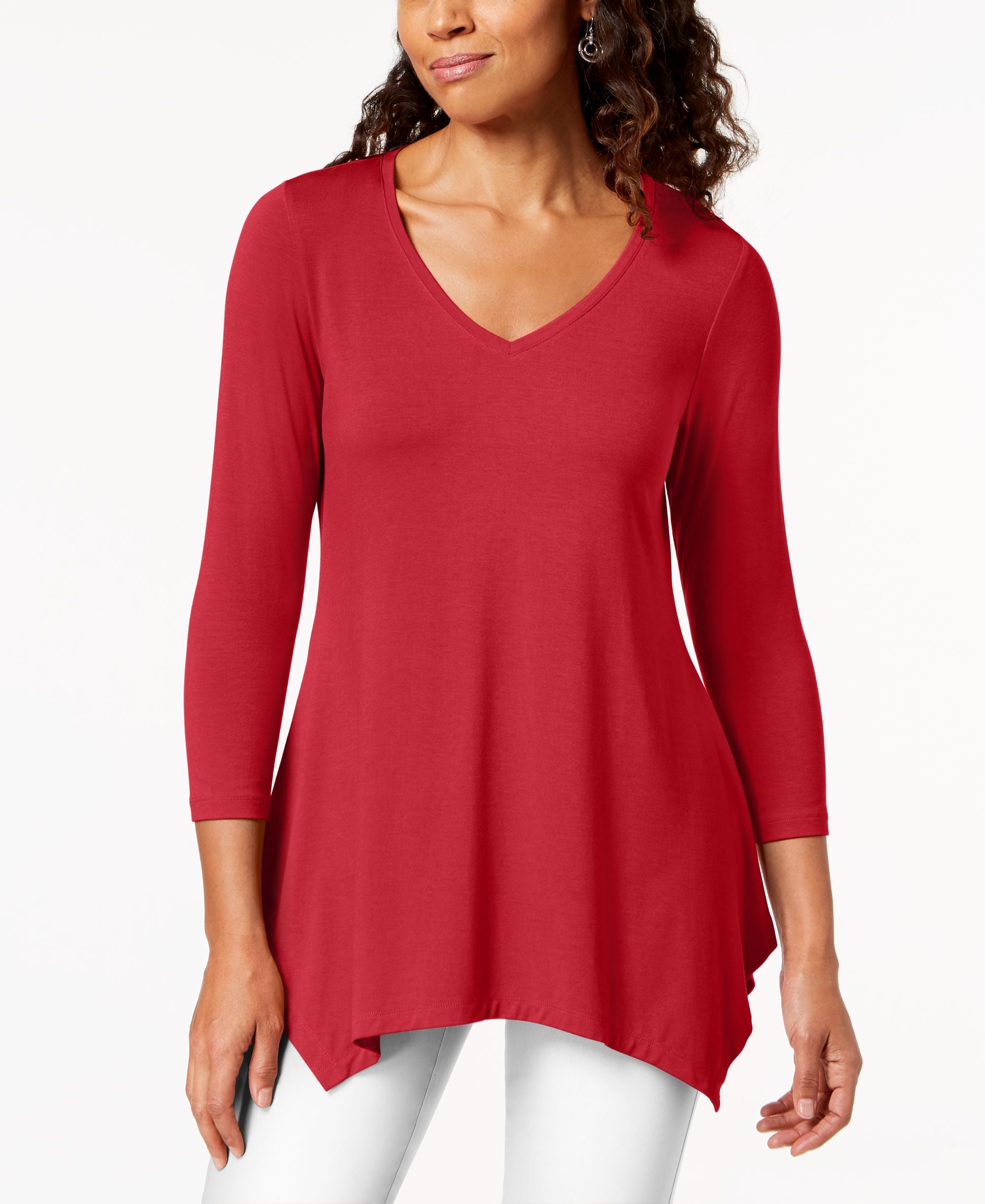 JM Collection V Neck Handkerchief Hem Top