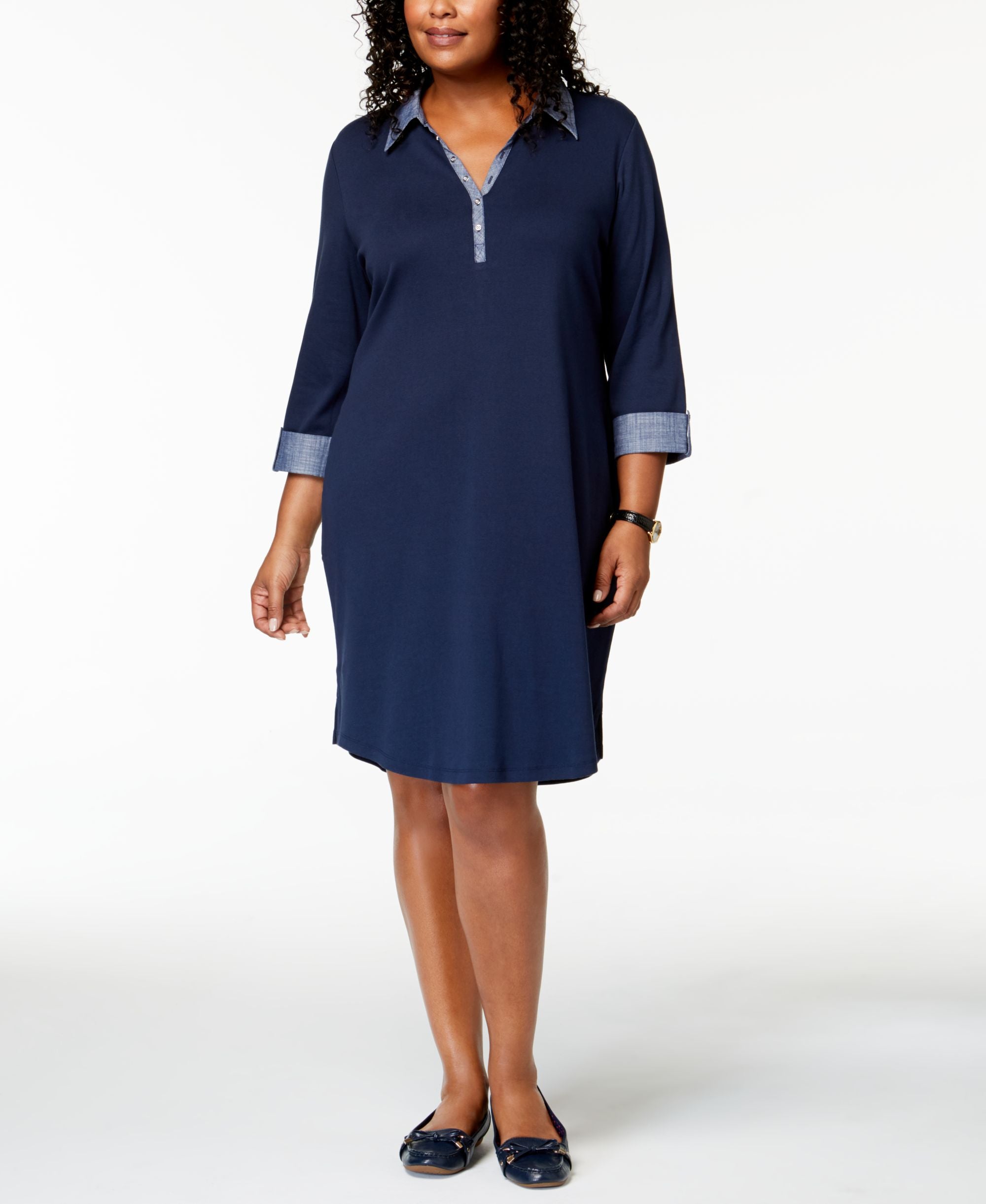 Karen Scott Plus Size 3/4 Sleeve Contrast Shirtdress