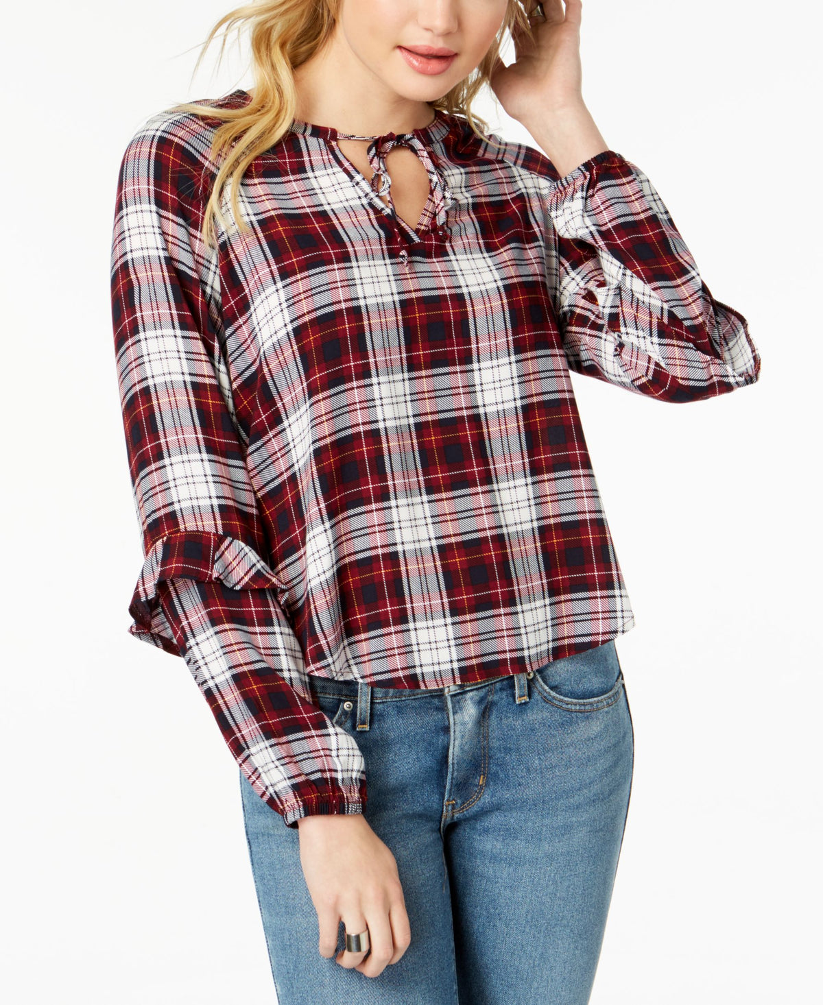 Polly Esther Juniors Ruffled Plaid Keyhole Top