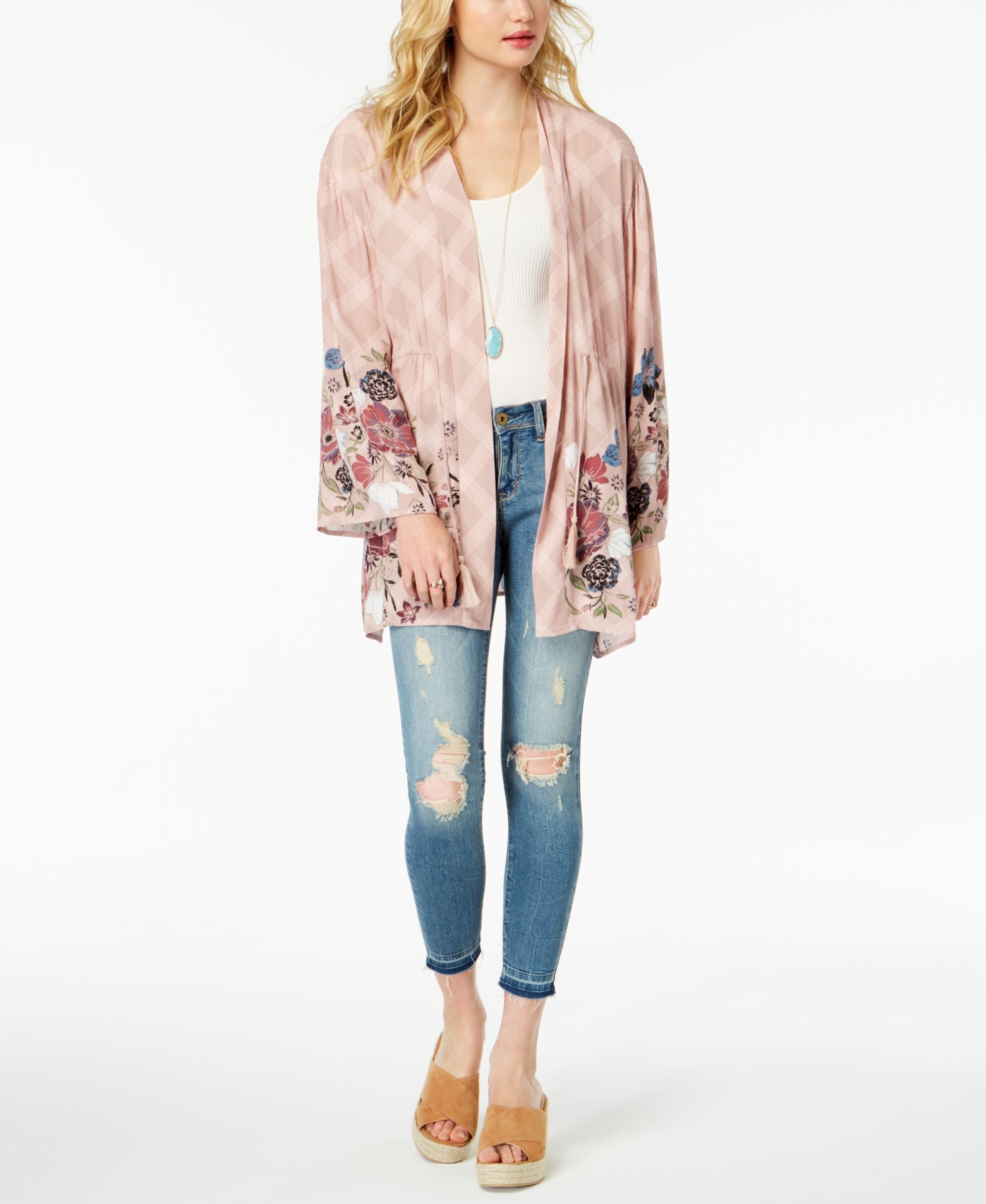 Juniors' Printed Drawstring Kimono