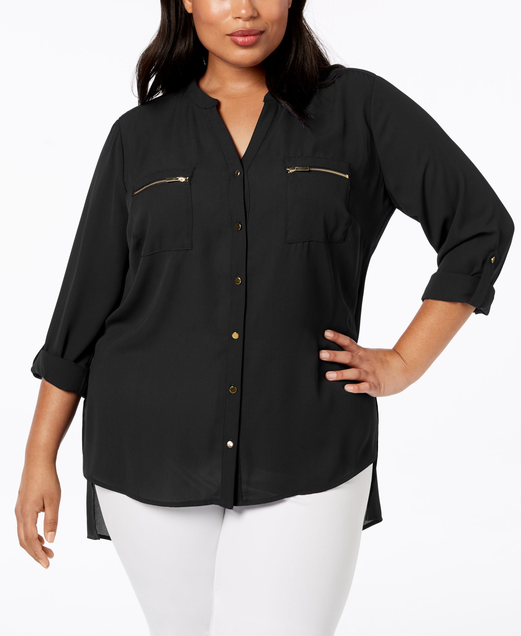 Plus Size Tab-Sleeve High-Low Shirt