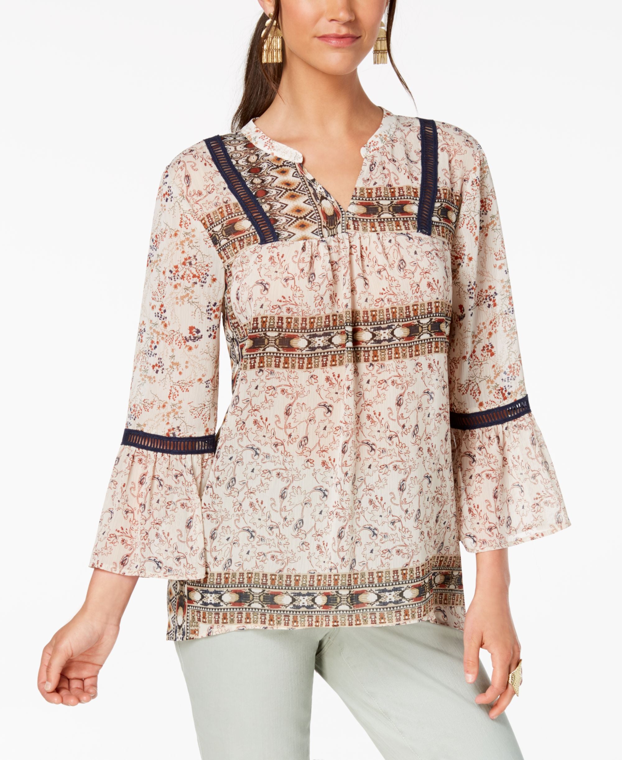 Style & Co Printed Ladder Trim Peasant Top