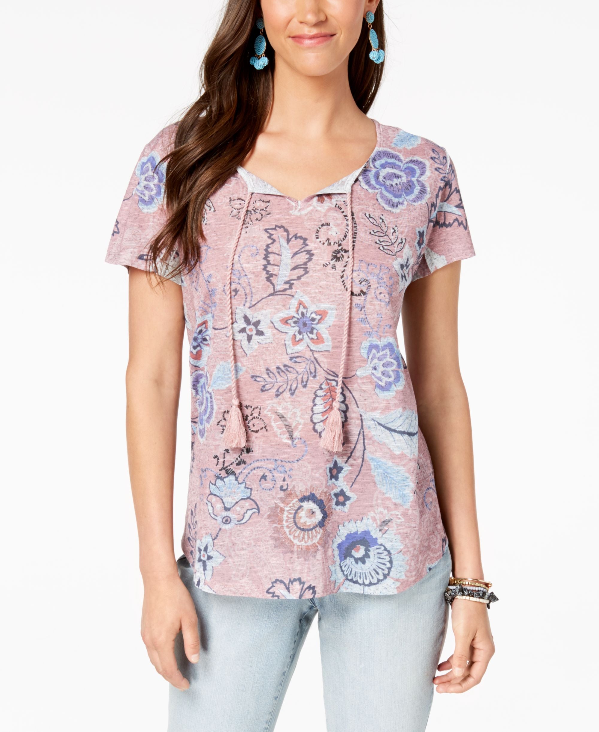 Style & Co Printed Tassel Tie Neck Top