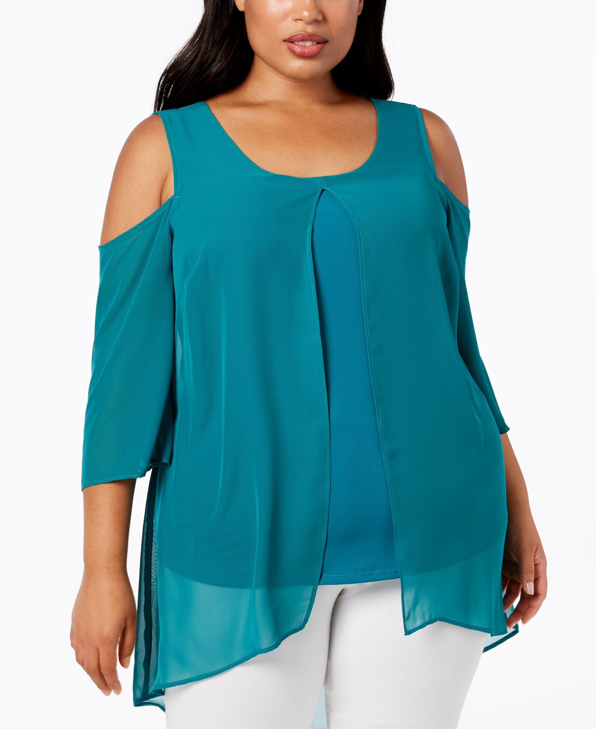 NY Collection Plus Size Cold Shoulder Chiffon Trim Tunic