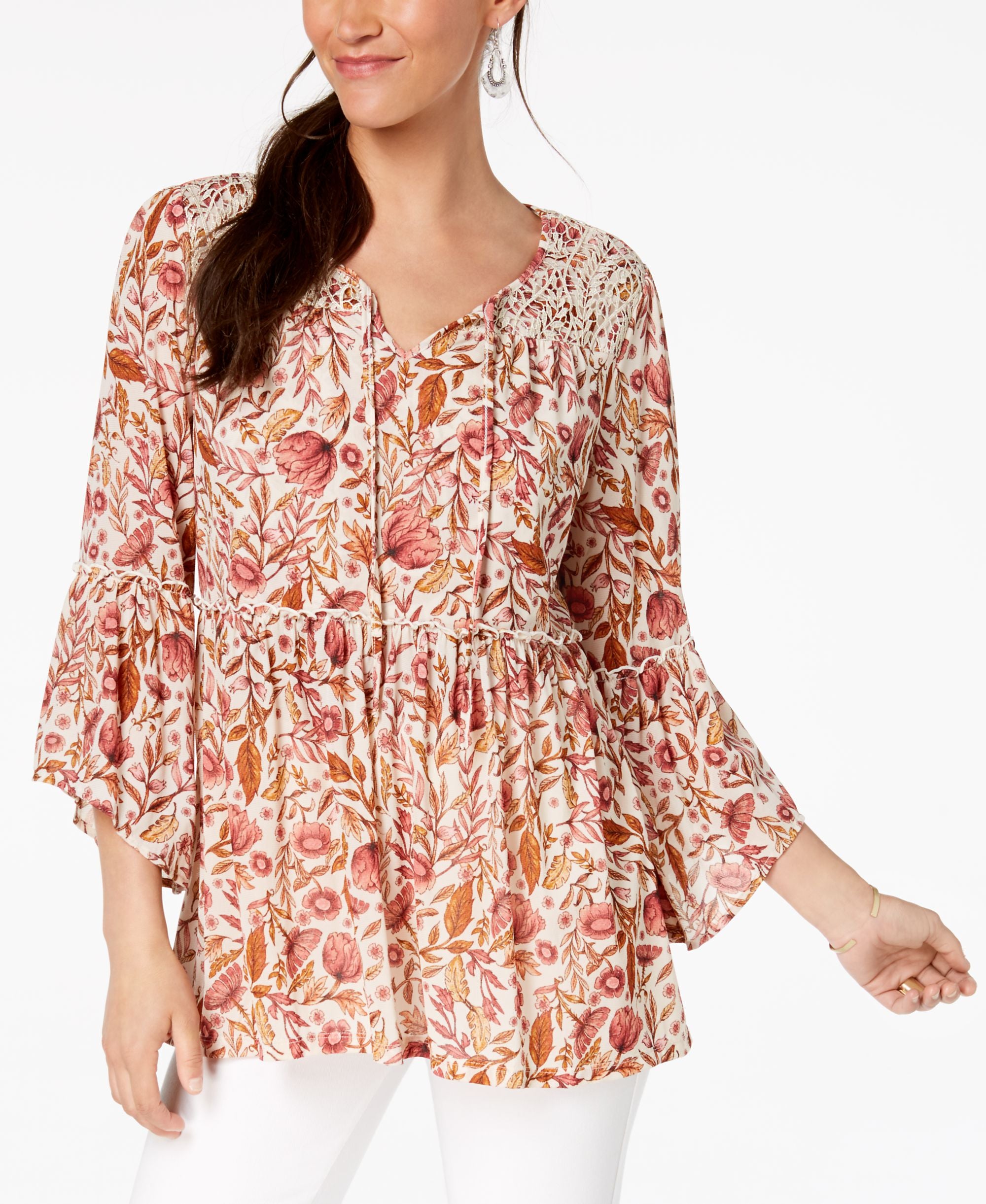 Style & Co Floral Print Lace Peasant Top