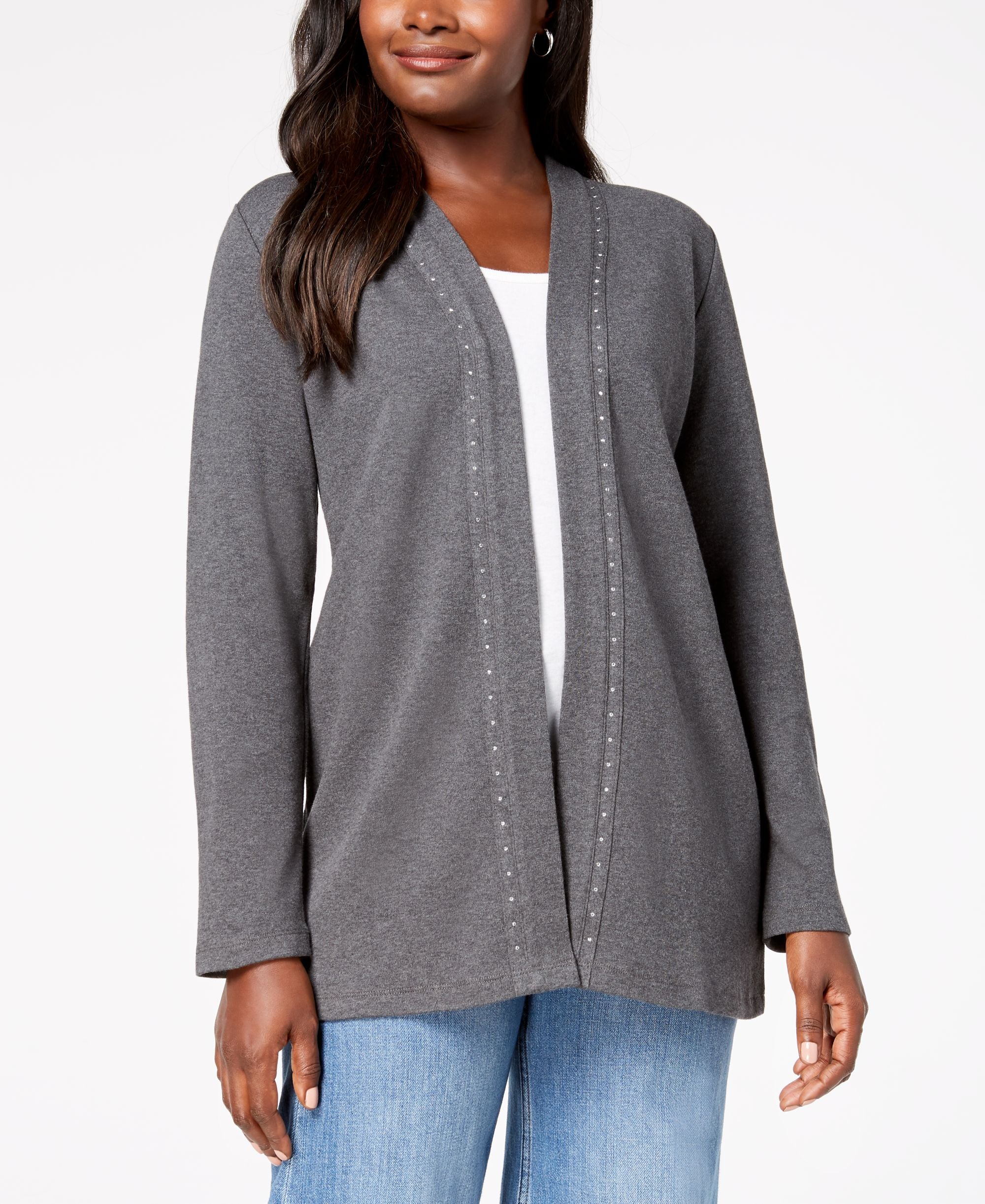Karen Scott Cotton Studded Open Front Cardigan