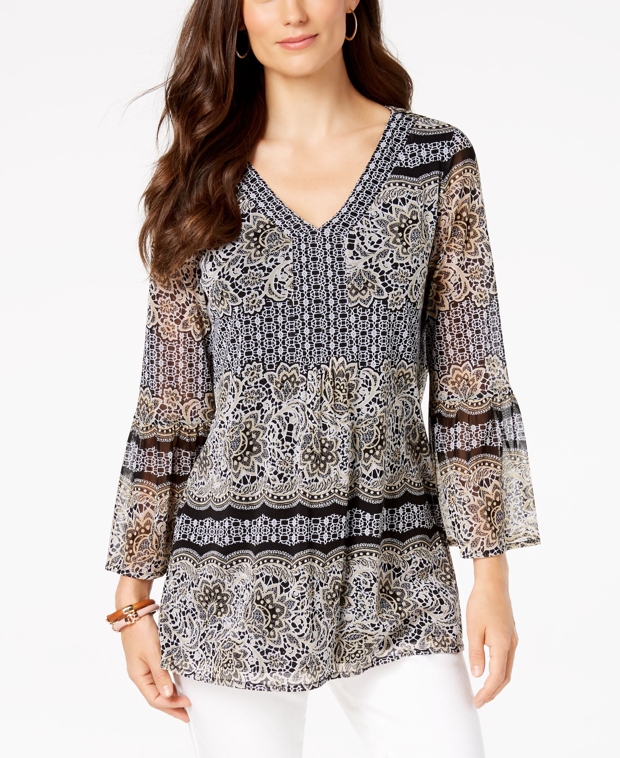 Charter Club Mixed Print V Neck Top