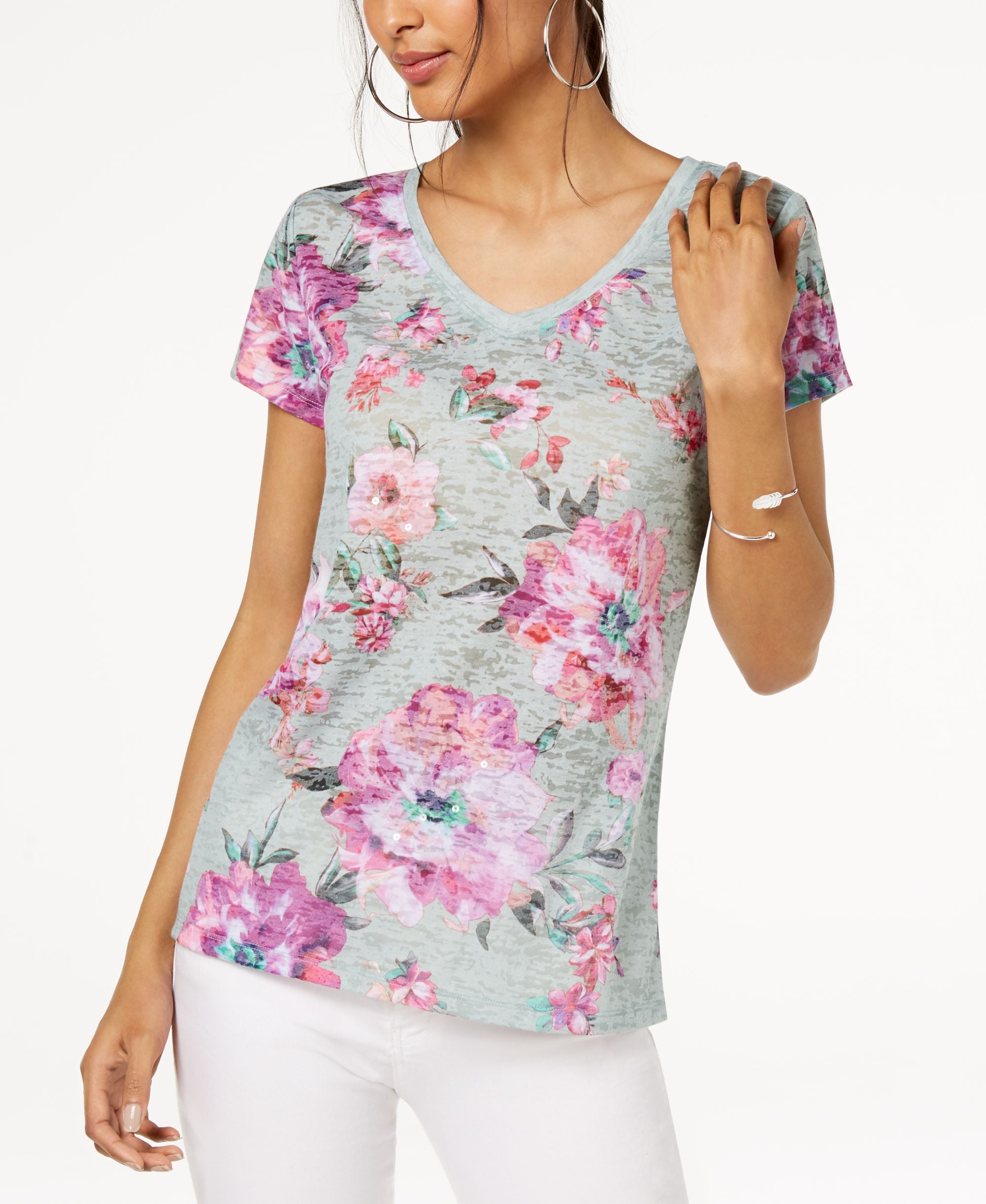 Floral Print Sequin Embellished T-Shirt