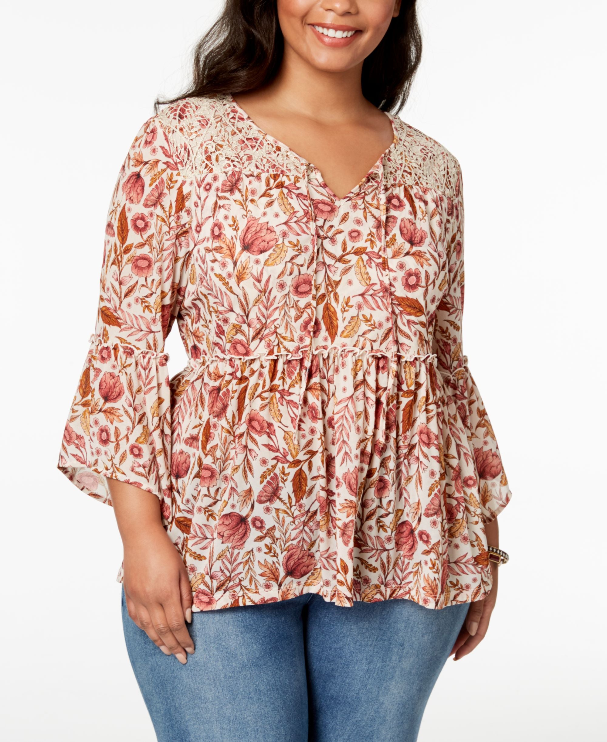 Style & Co Plus Size Printed Bell Sleeve Peasant Top