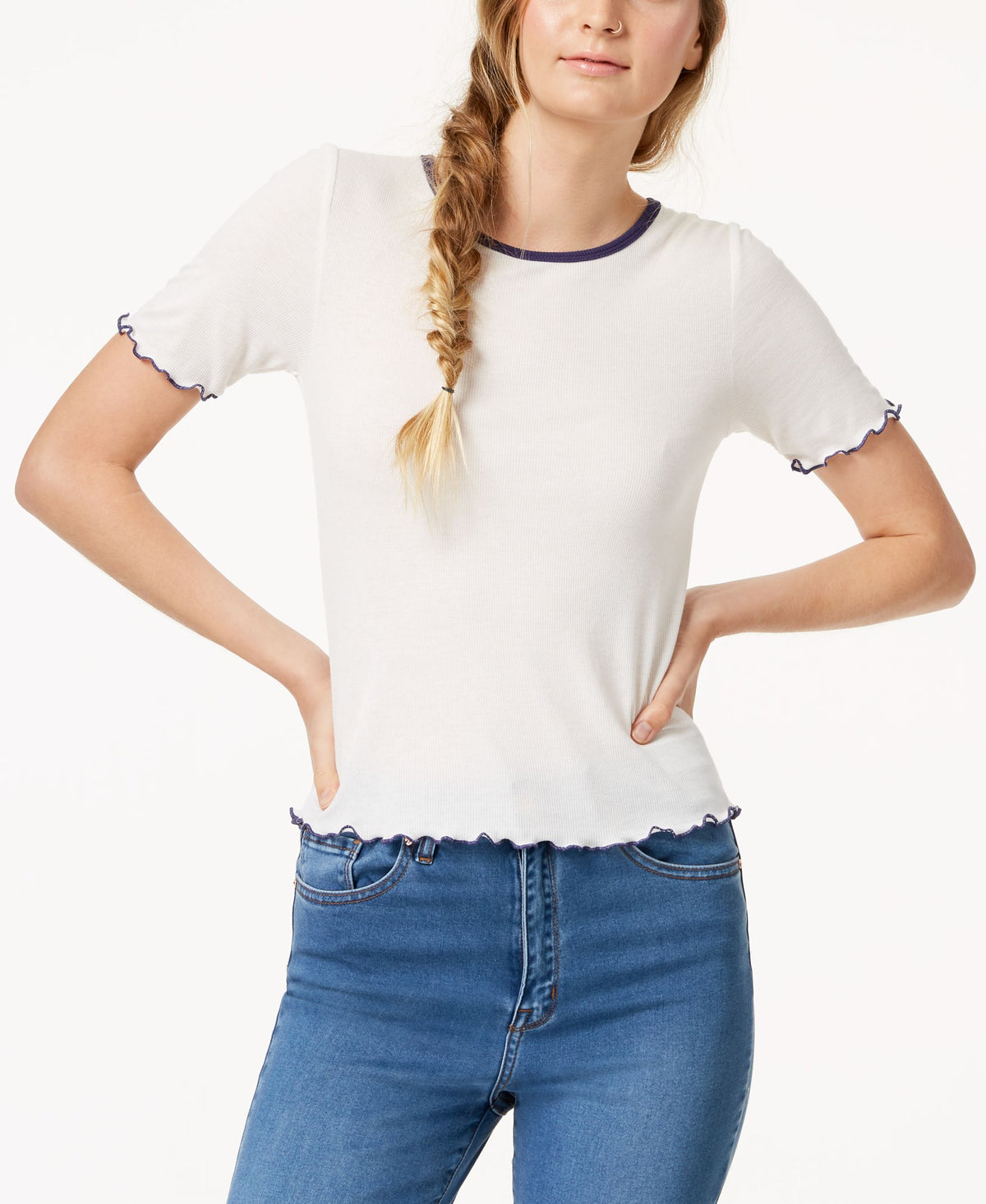 Juniors' Colorblocked Lettuce-Edge T-Shirt