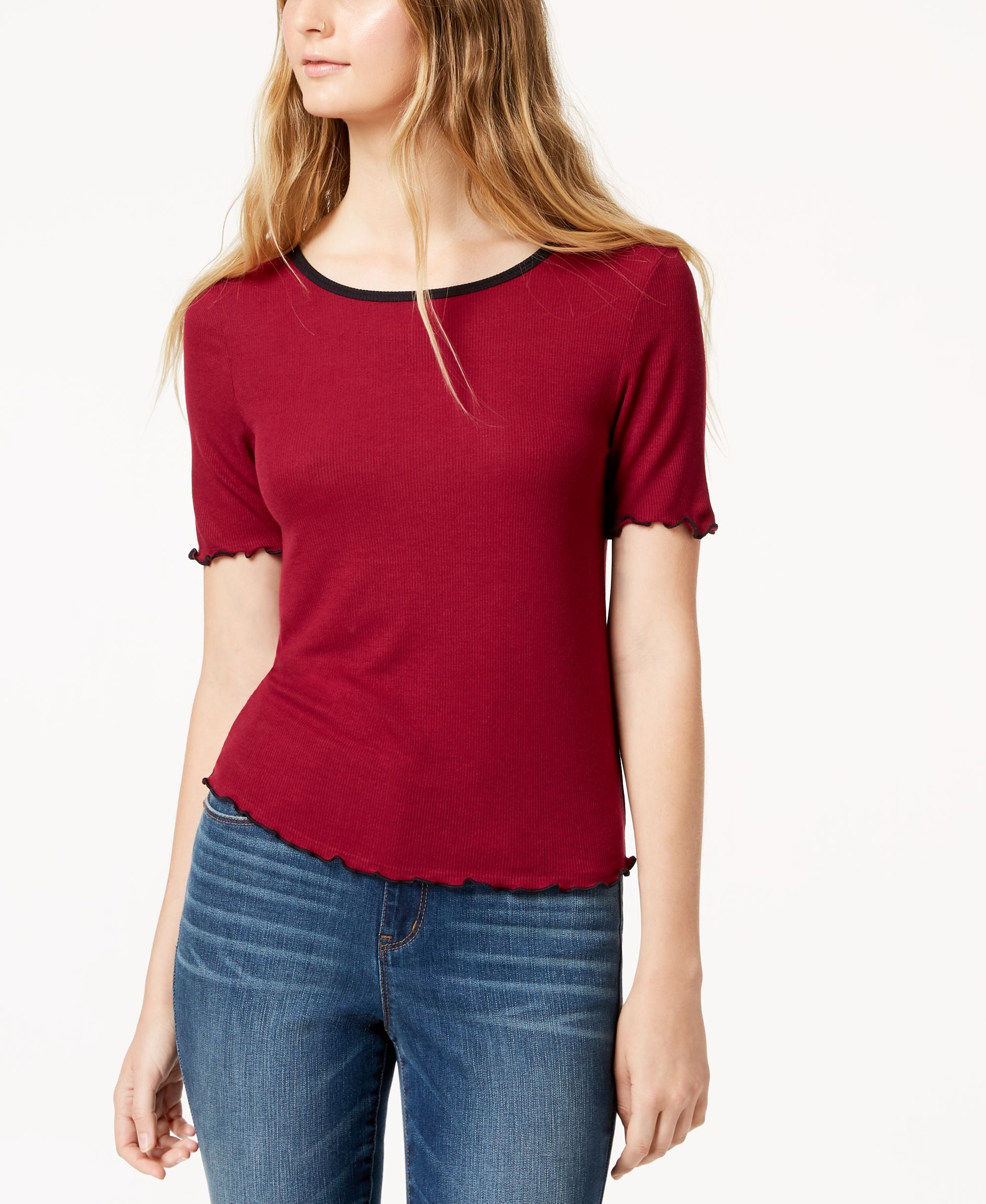 Juniors' Colorblocked Lettuce-Edge T-Shirt