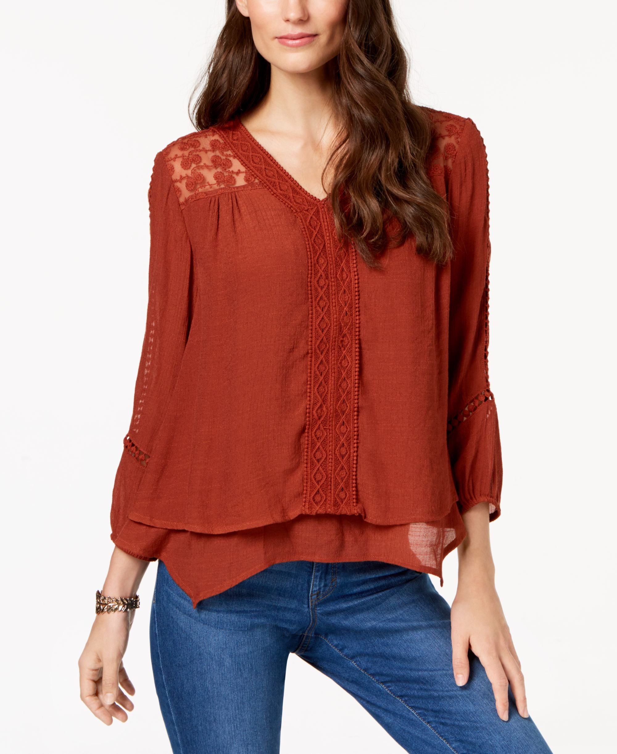 Style & Co Petite Layered Hem Crochet Woven Top