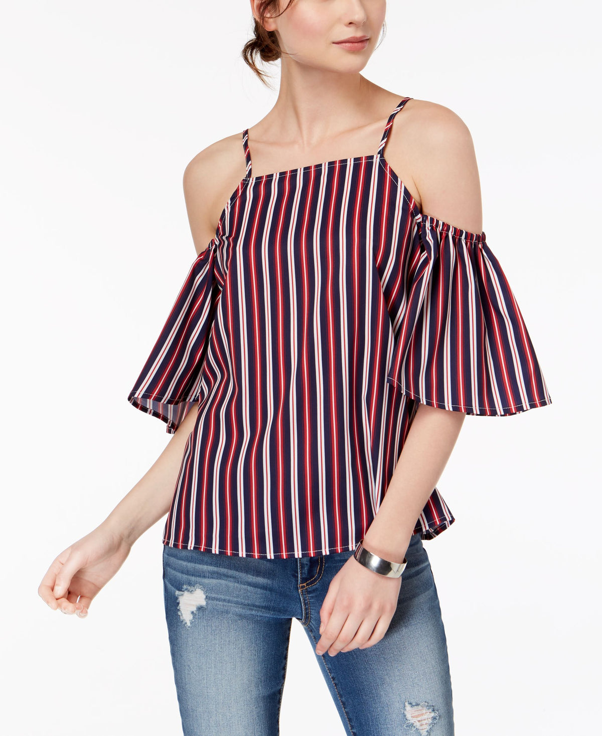 Juniors' Striped Cold-Shoulder Top