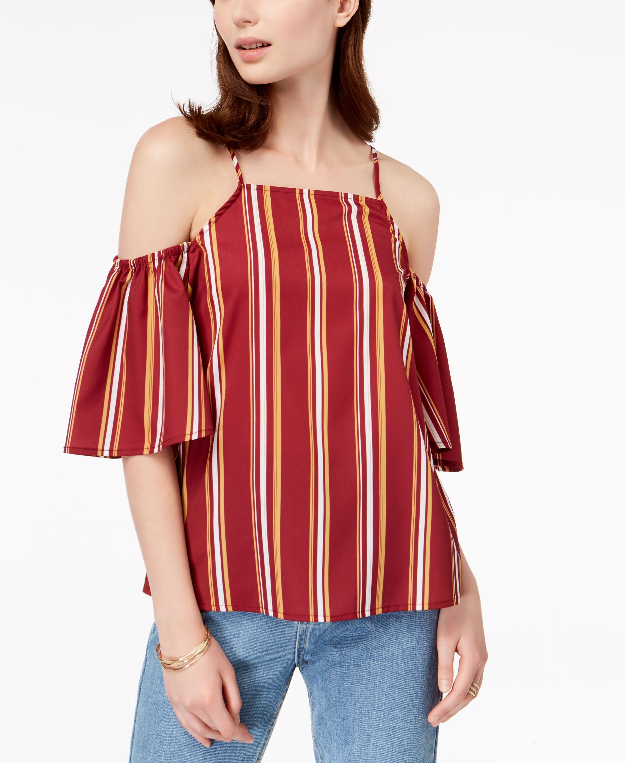Juniors' Striped Cold-Shoulder Top