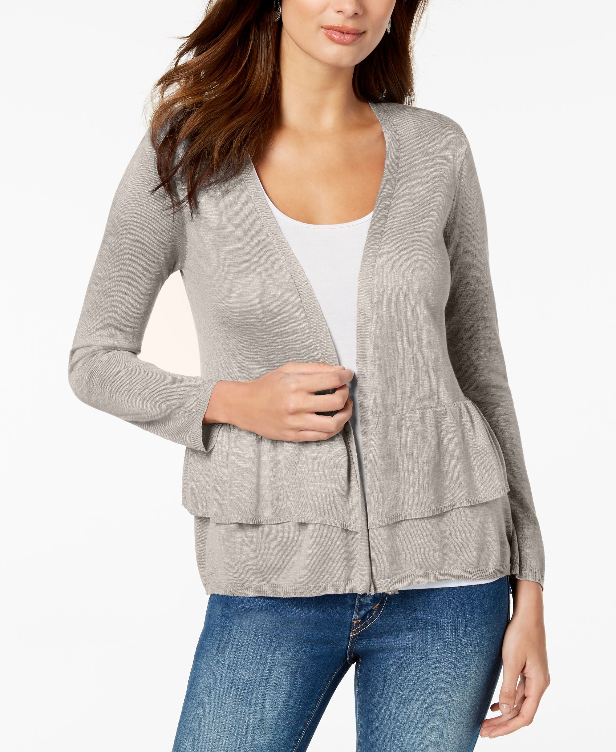 NY Collection Petite Open Front Ruffled Cardigan