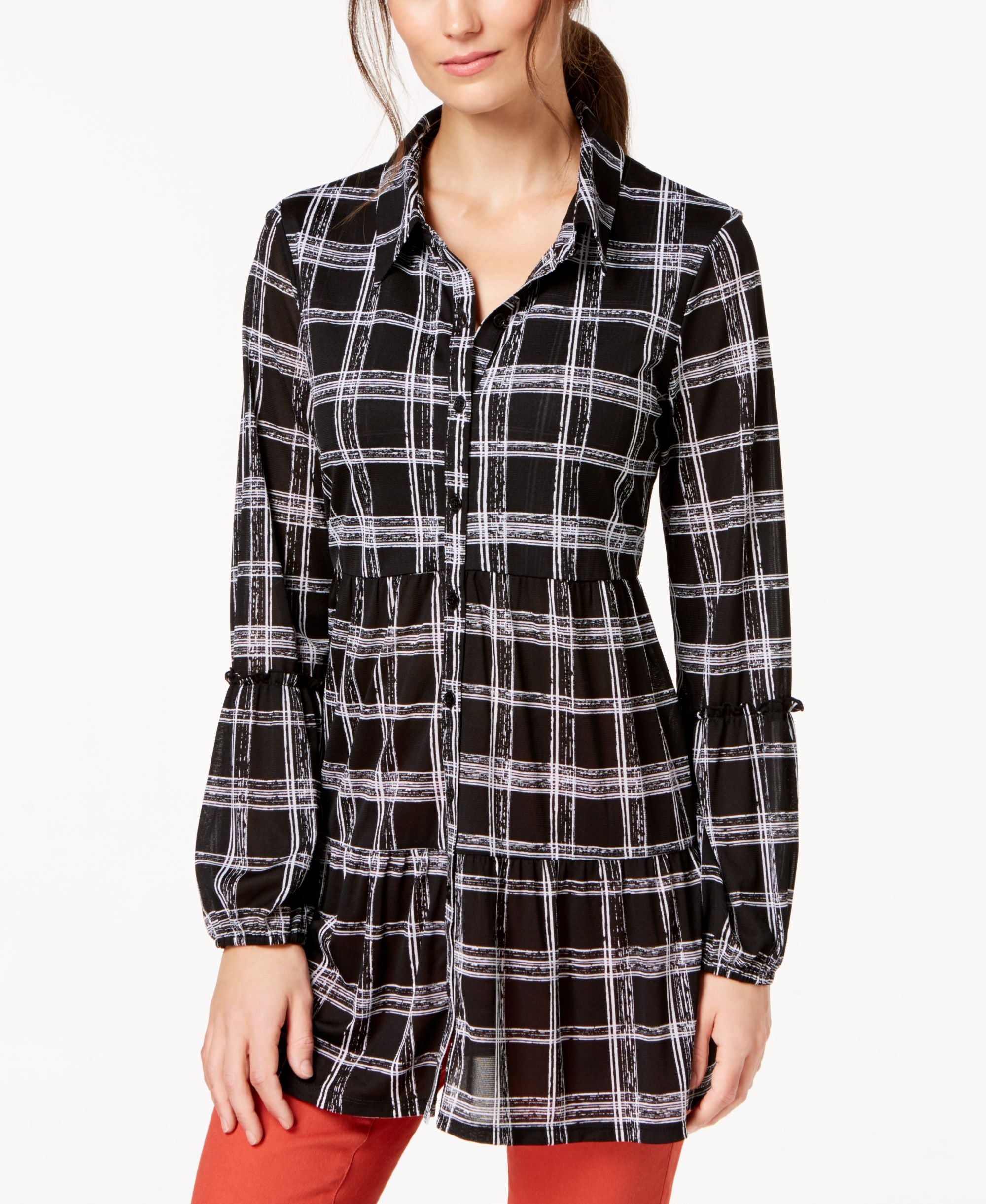 Style & Co Printed Tiered Button Down Top